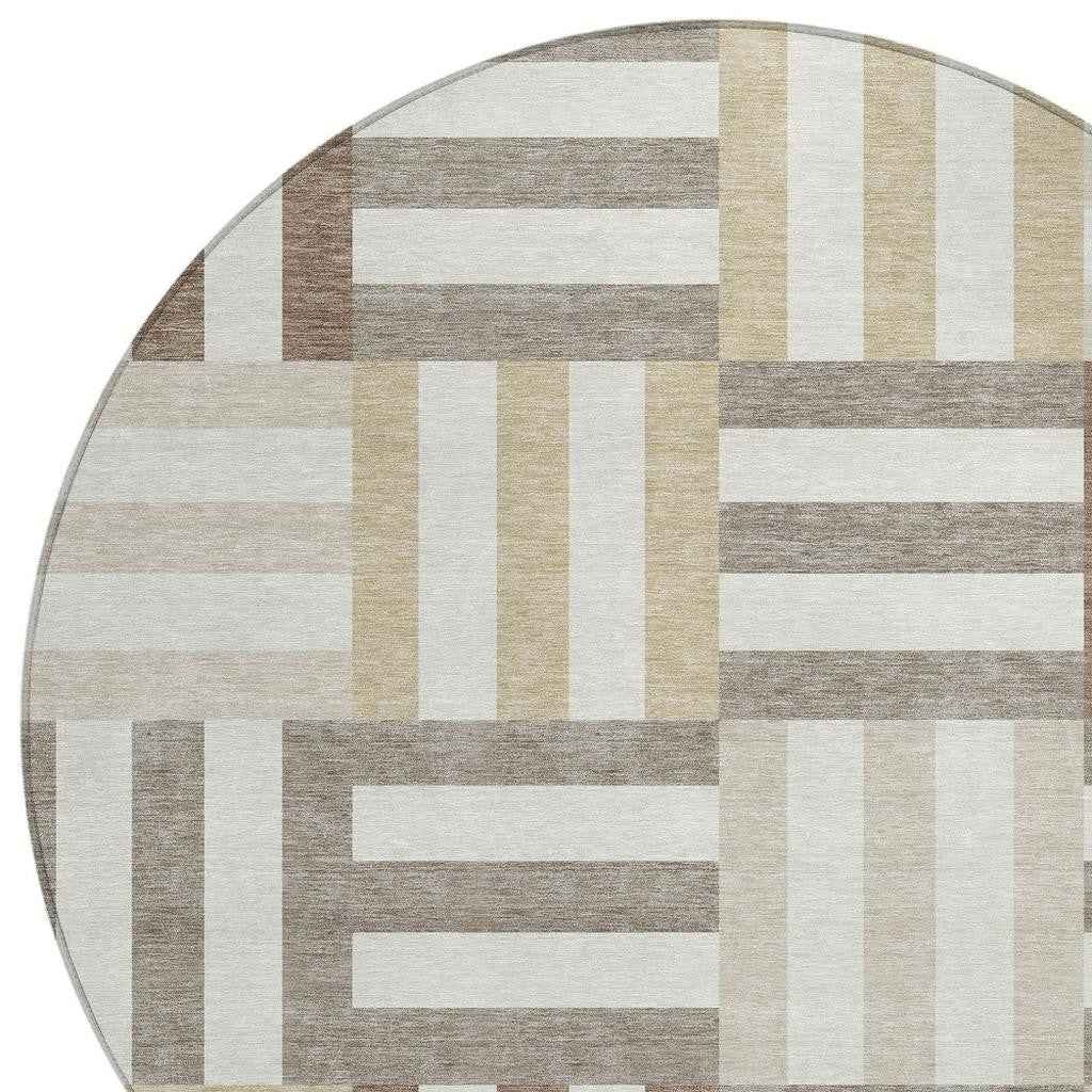 8' Ivory Gray And Brown Round Geometric Washable Indoor Outdoor Area Rug