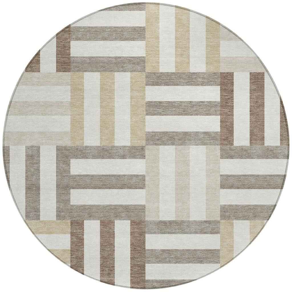 8' Ivory Gray And Brown Round Geometric Washable Indoor Outdoor Area Rug