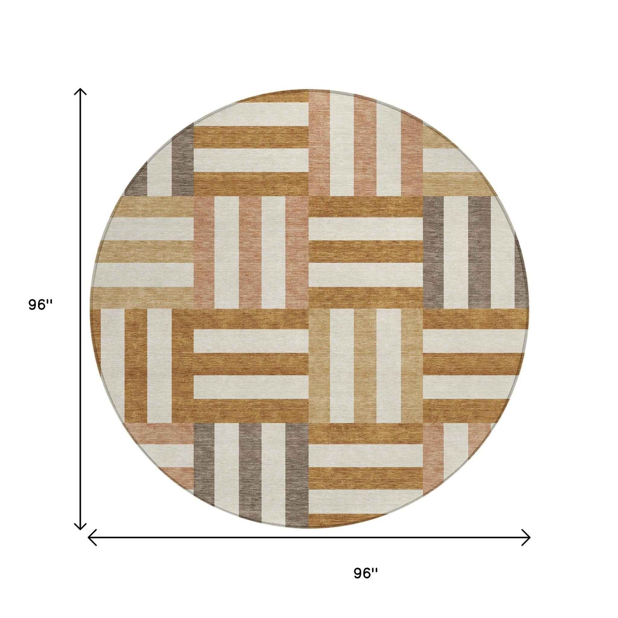 8' Chili Red Ivory And Copper Round Geometric Washable Indoor Outdoor Area Rug