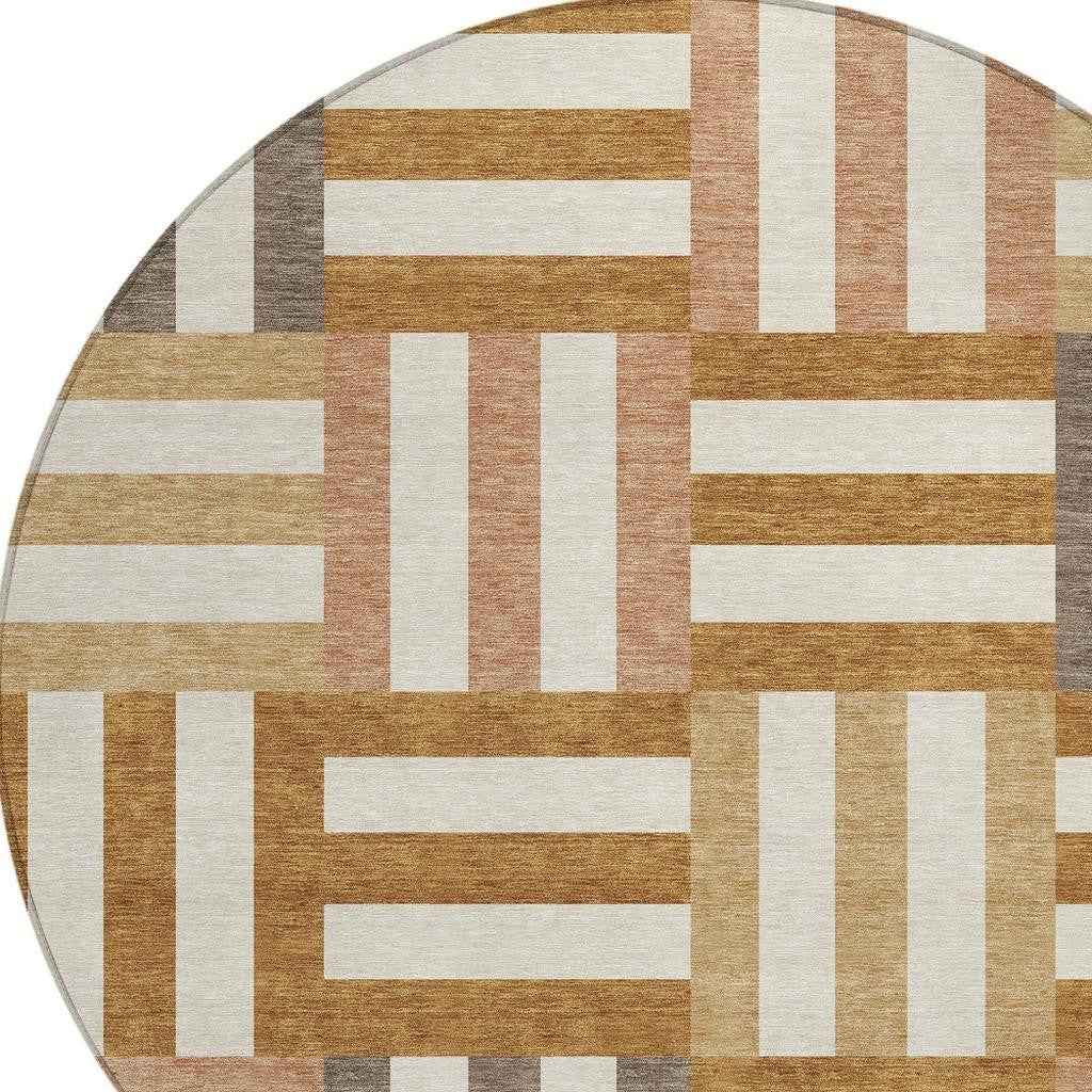 8' Chili Red Ivory And Copper Round Geometric Washable Indoor Outdoor Area Rug