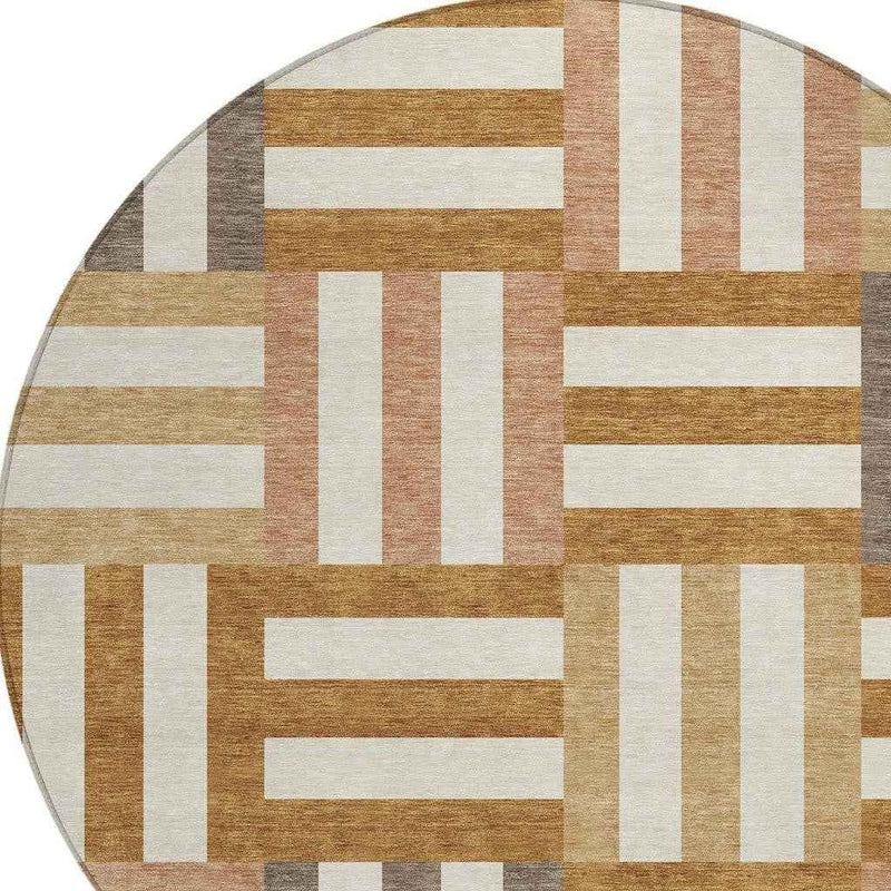 8' Chili Red Ivory And Copper Round Geometric Washable Indoor Outdoor Area Rug