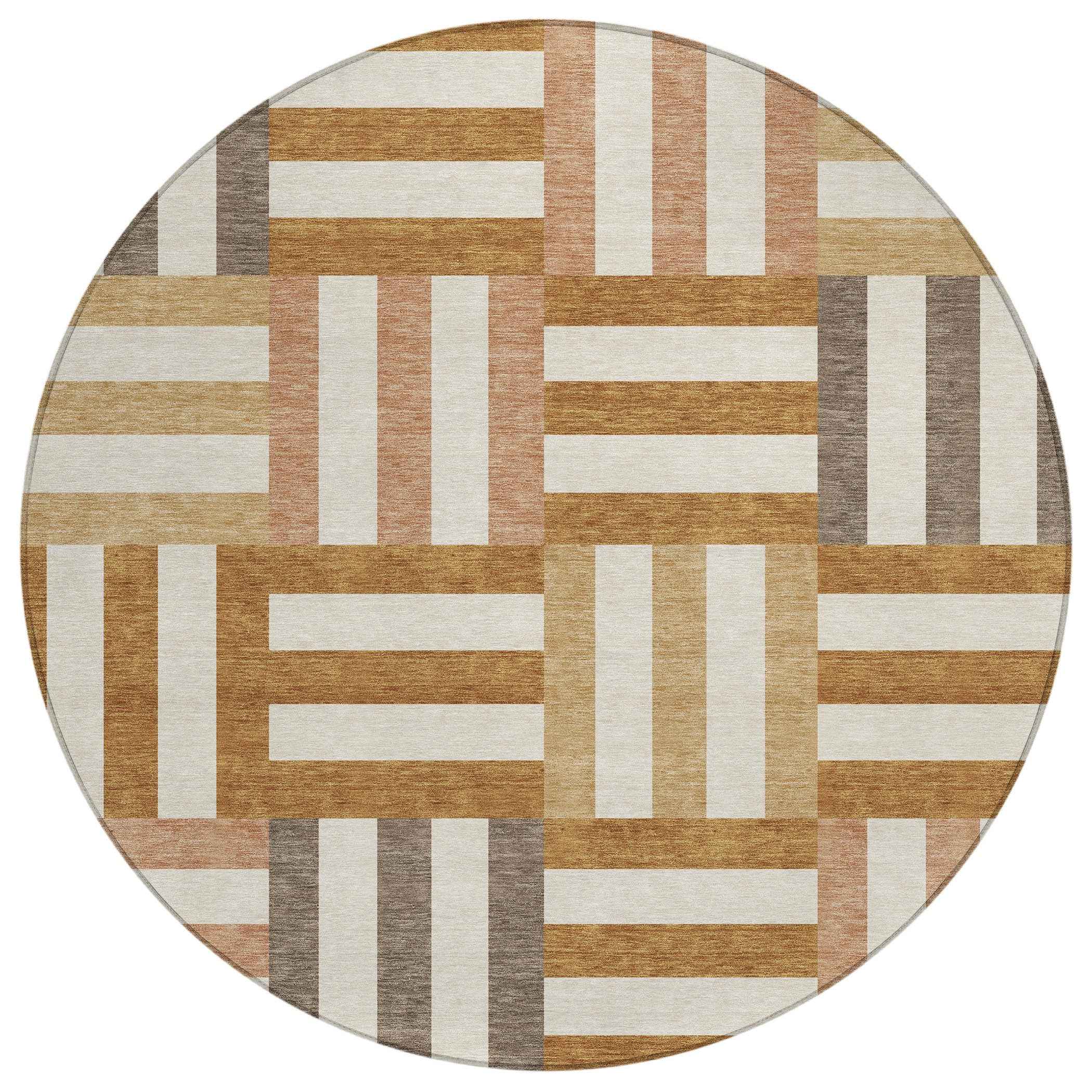 8' Chili Red Ivory And Copper Round Geometric Washable Indoor Outdoor Area Rug