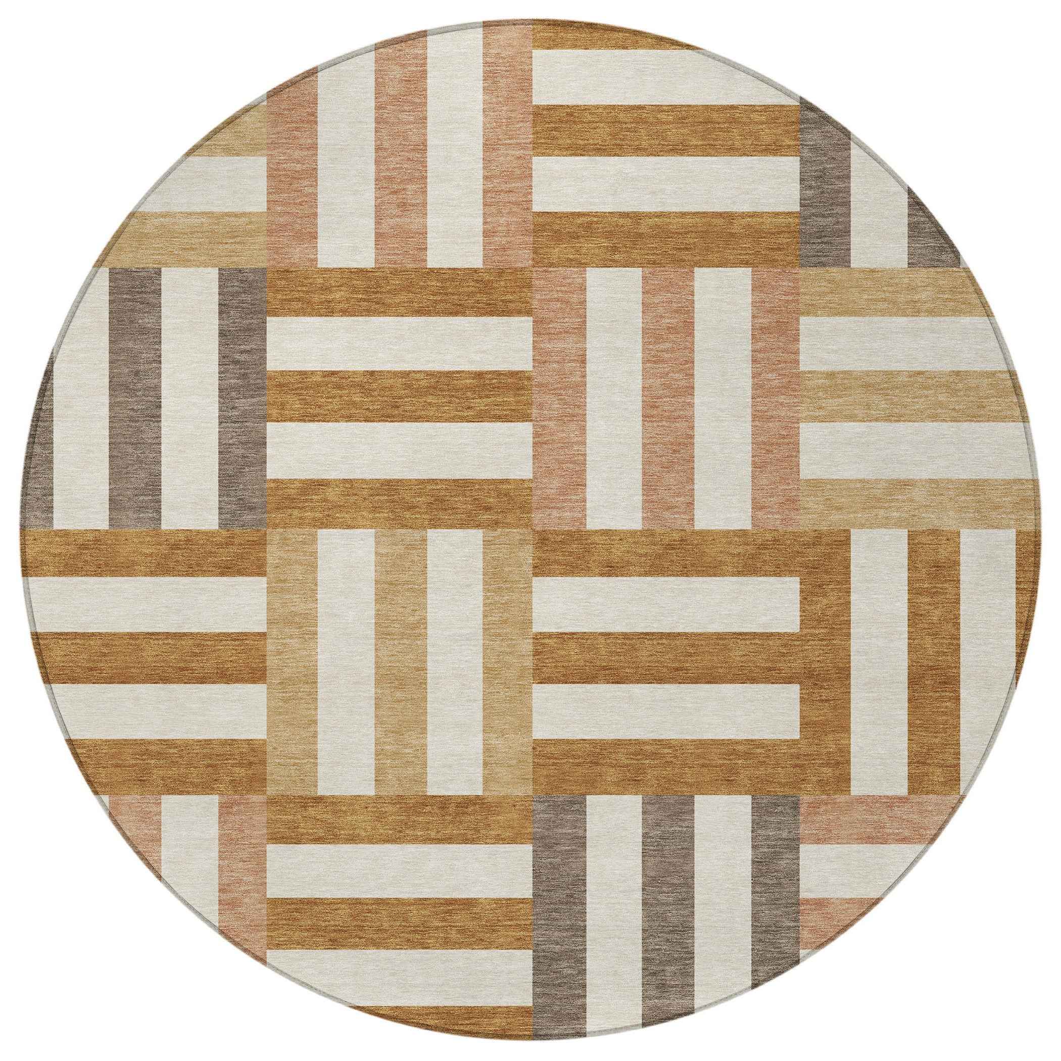 8' Chili Red Ivory And Copper Round Geometric Washable Indoor Outdoor Area Rug