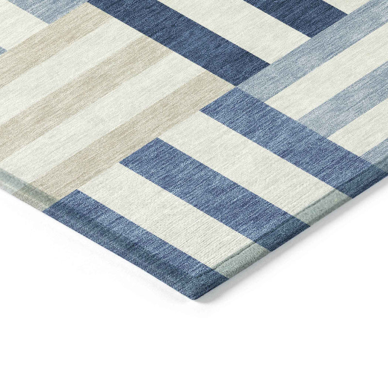 8' X 10' Navy Blue Ivory And Khaki Geometric Washable Indoor Outdoor Area Rug