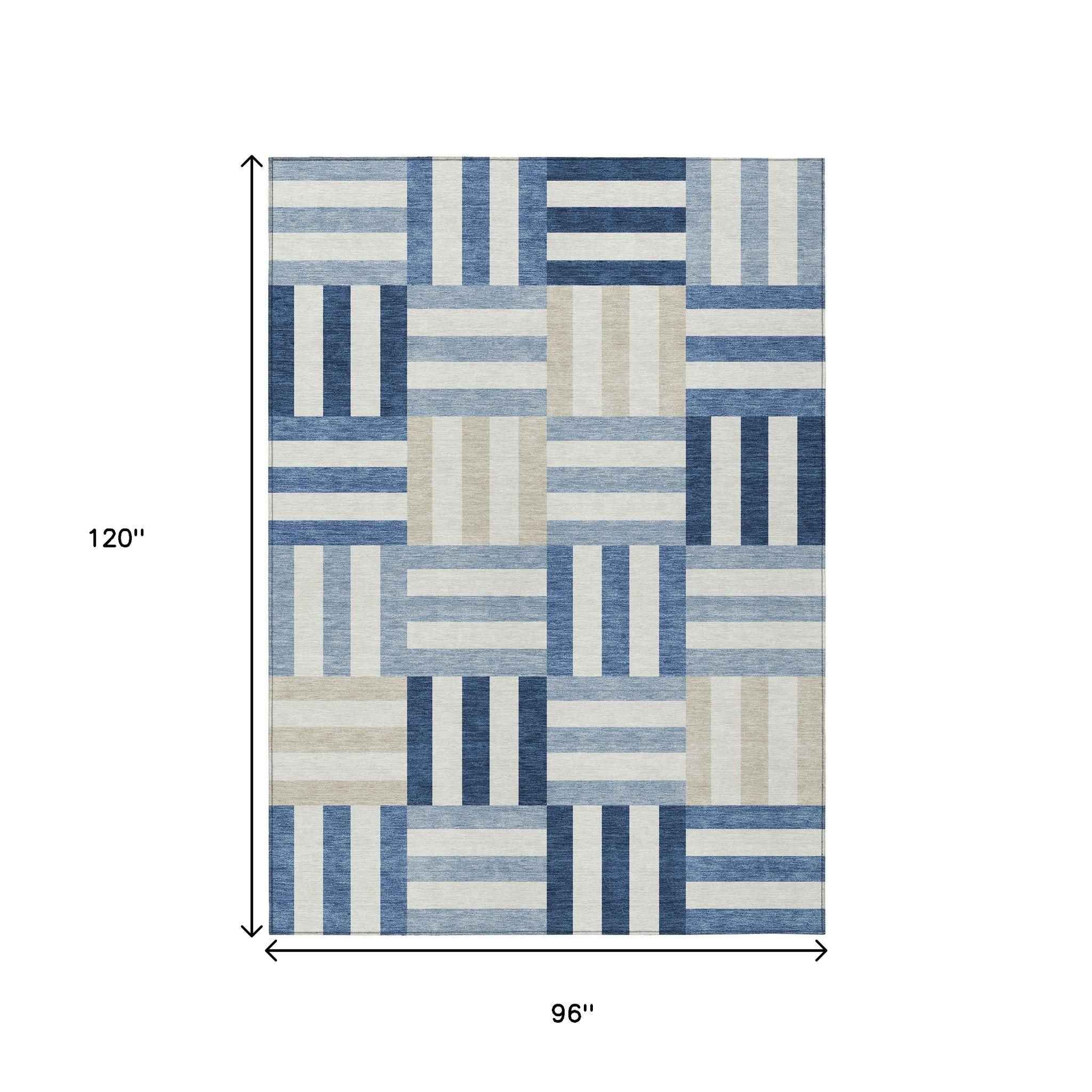 8' X 10' Navy Blue Ivory And Khaki Geometric Washable Indoor Outdoor Area Rug