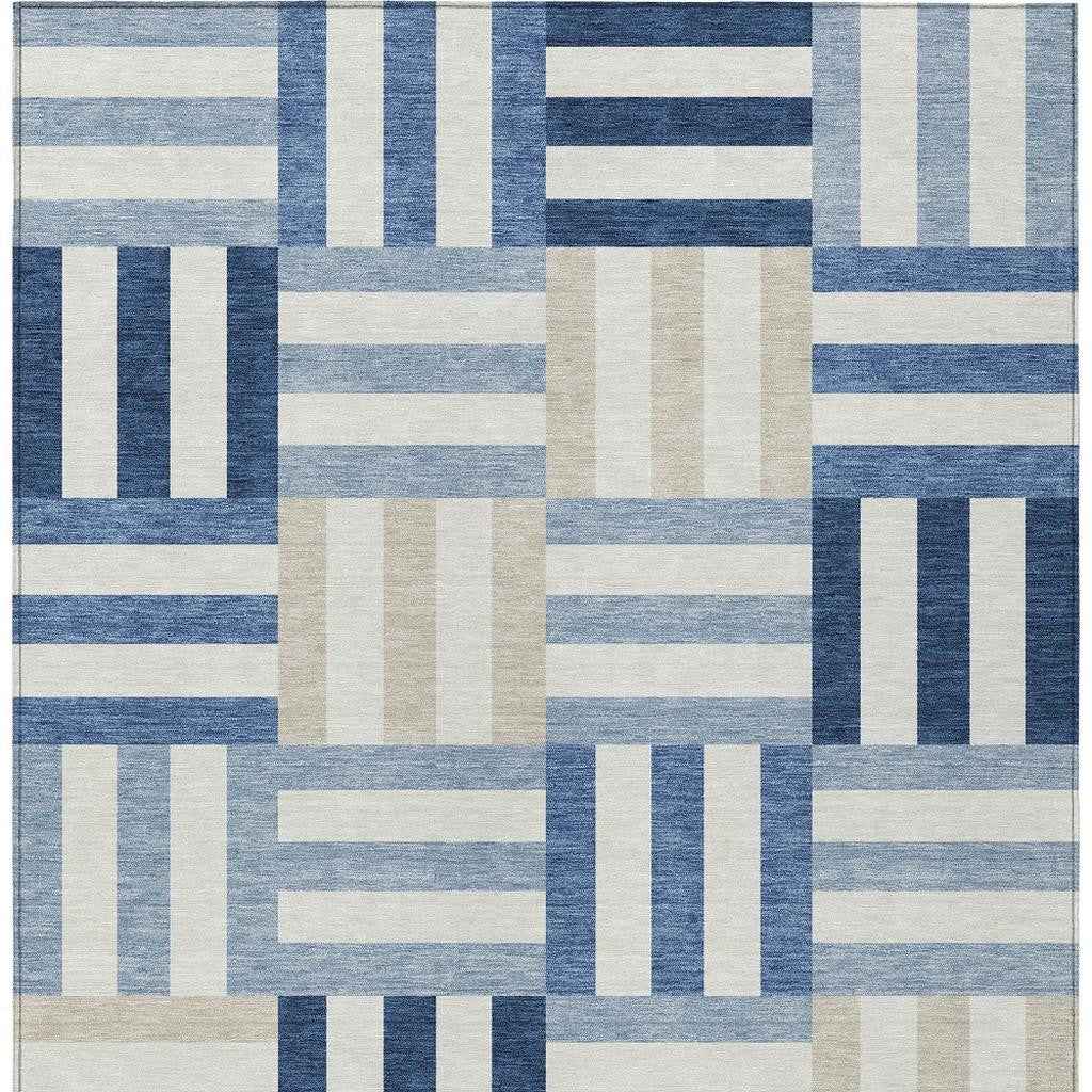 8' X 10' Navy Blue Ivory And Khaki Geometric Washable Indoor Outdoor Area Rug
