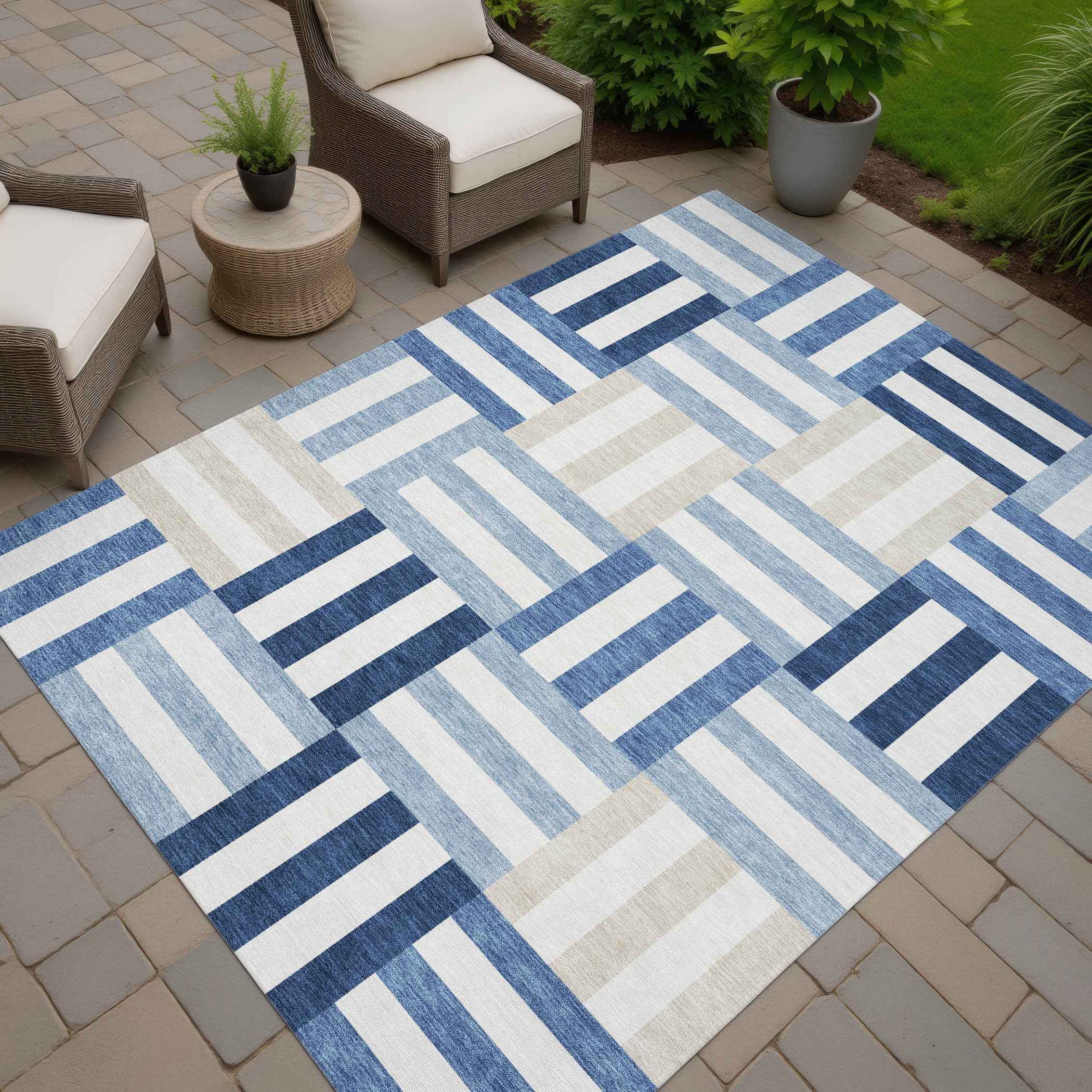 8' X 10' Navy Blue Ivory And Khaki Geometric Washable Indoor Outdoor Area Rug