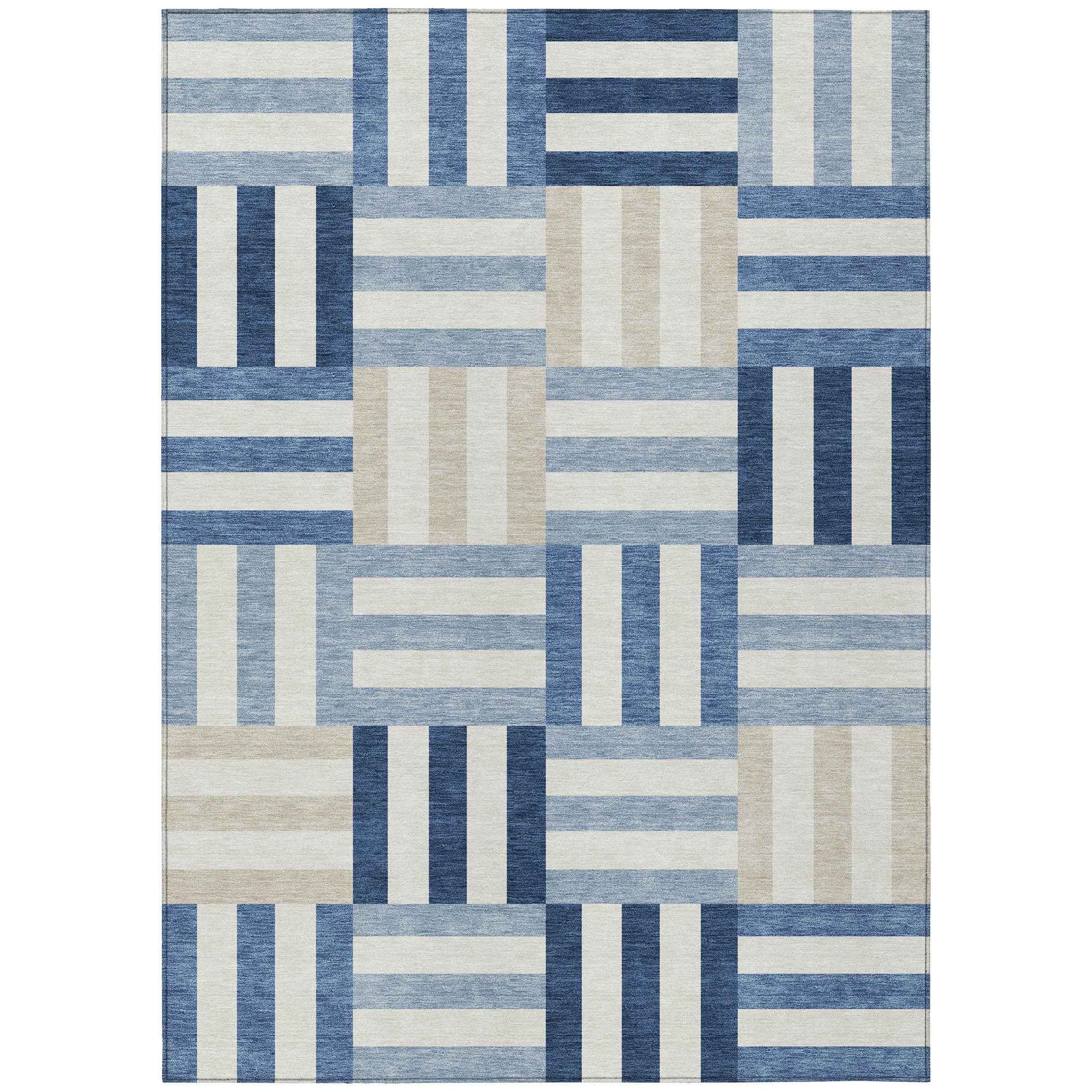 8' X 10' Navy Blue Ivory And Khaki Geometric Washable Indoor Outdoor Area Rug