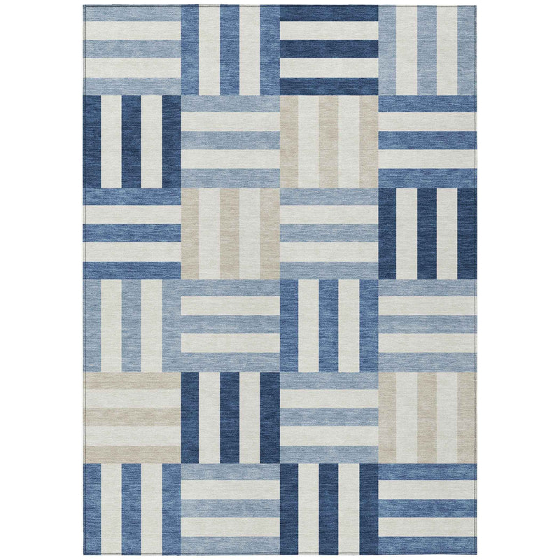 8' X 10' Navy Blue Ivory And Khaki Geometric Washable Indoor Outdoor Area Rug