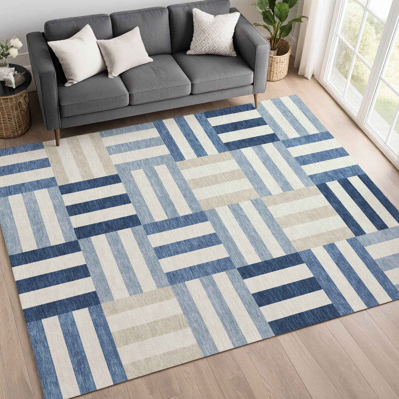 8' X 10' Navy Blue Ivory And Khaki Geometric Washable Indoor Outdoor Area Rug