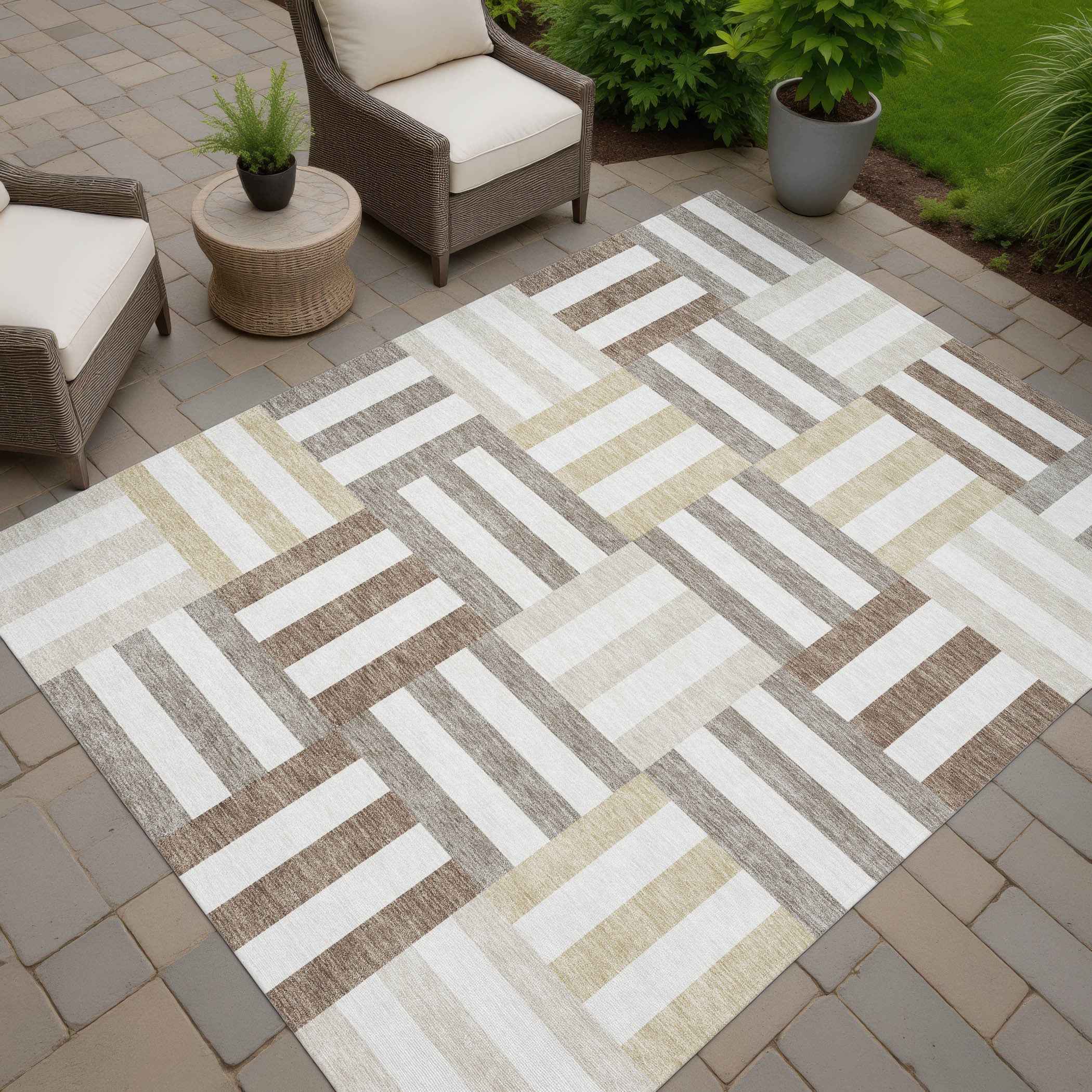 9' X 12' Ivory Gray And Brown Geometric Washable Indoor Outdoor Area Rug