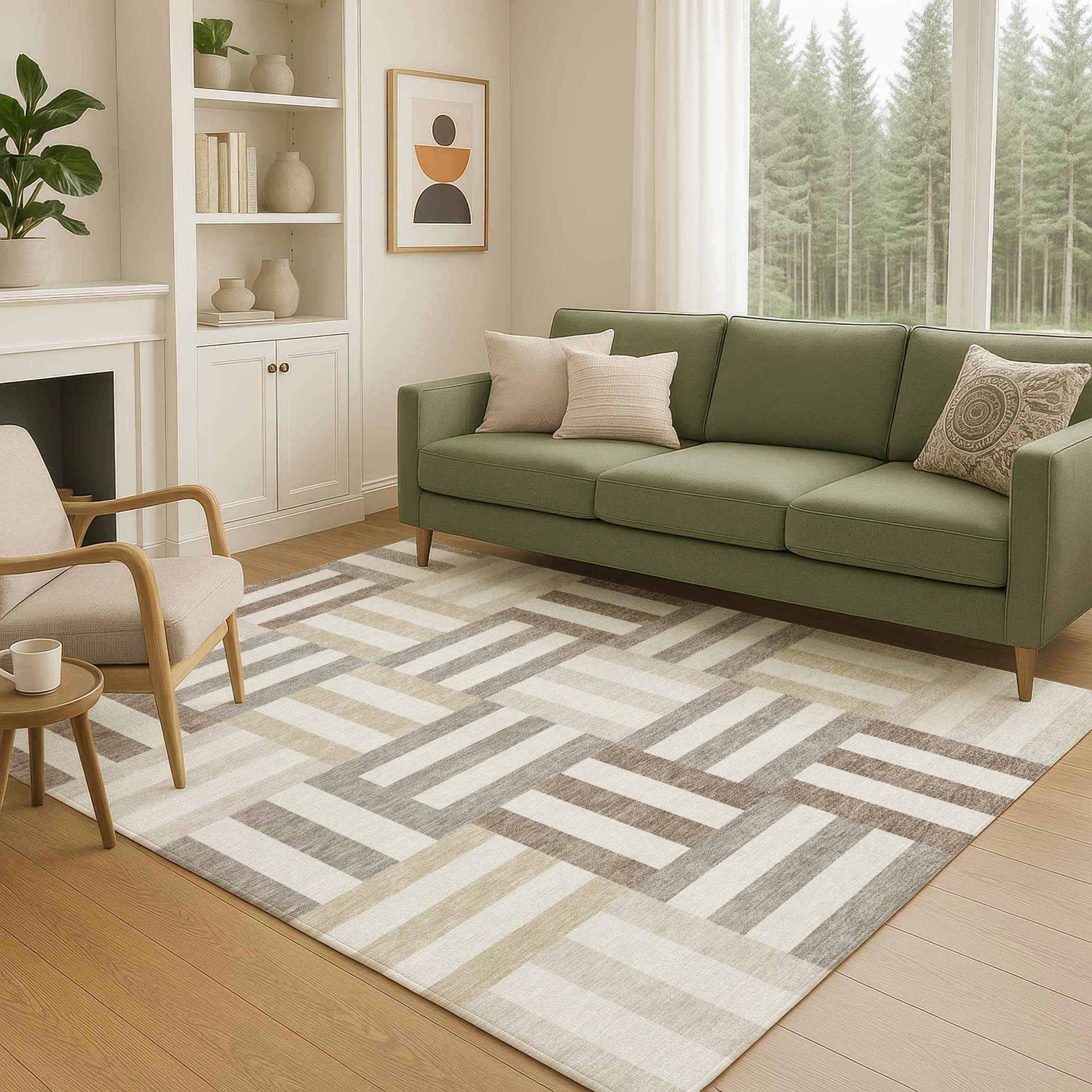 9' X 12' Ivory Gray And Brown Geometric Washable Indoor Outdoor Area Rug
