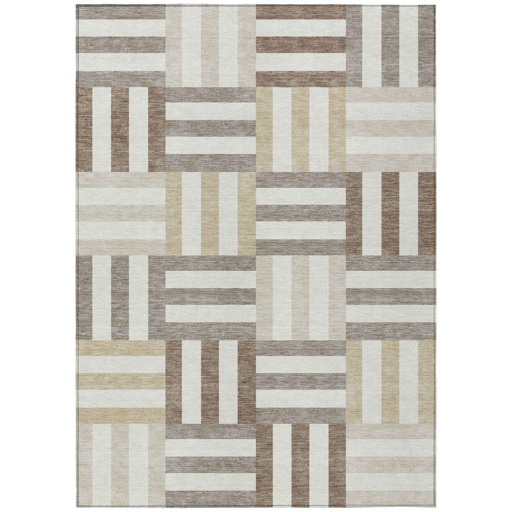 9' X 12' Ivory Gray And Brown Geometric Washable Indoor Outdoor Area Rug