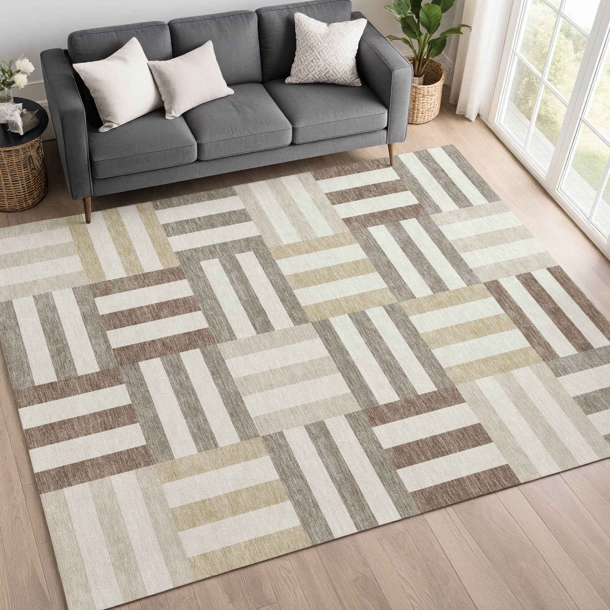 9' X 12' Ivory Gray And Brown Geometric Washable Indoor Outdoor Area Rug