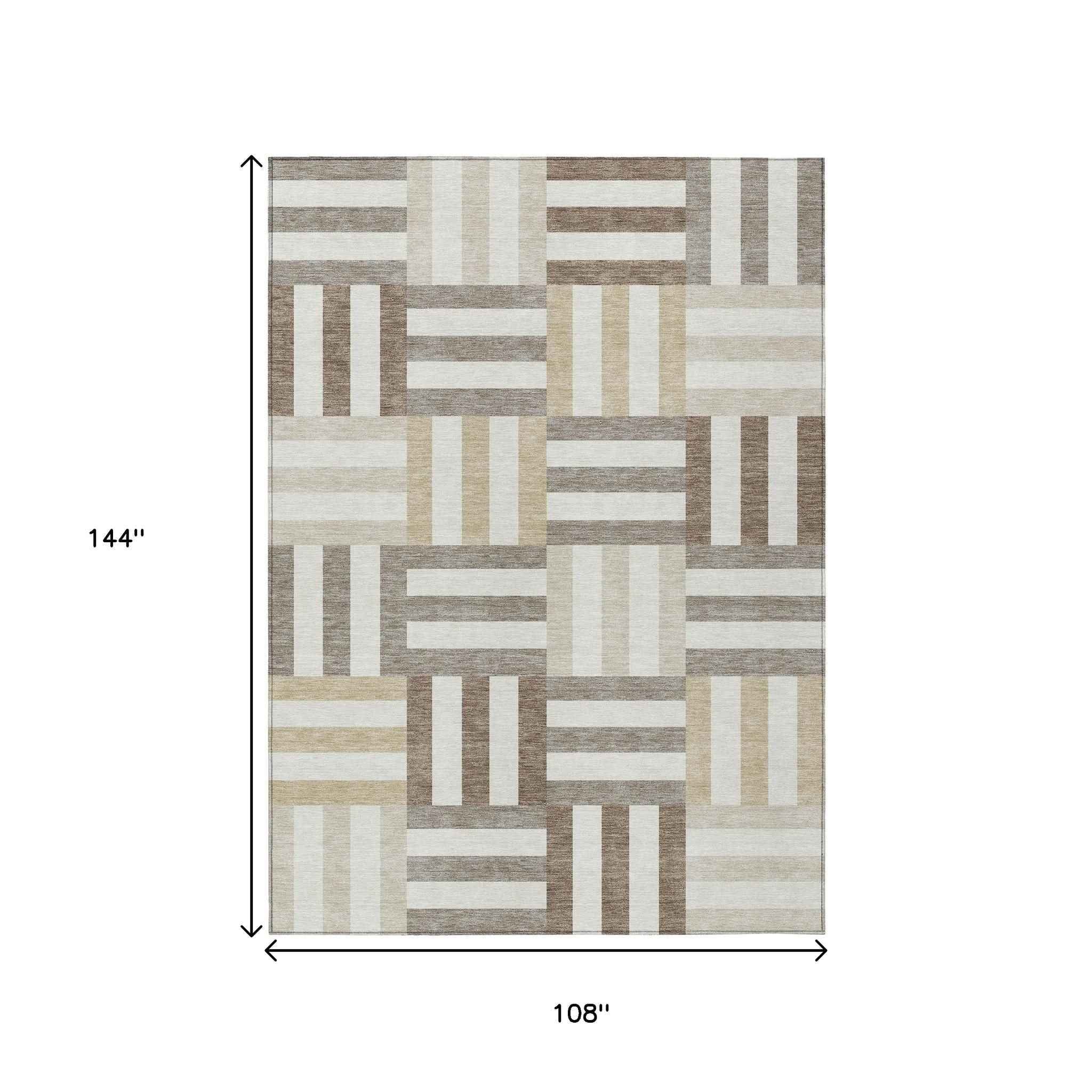 9' X 12' Ivory Gray And Brown Geometric Washable Indoor Outdoor Area Rug