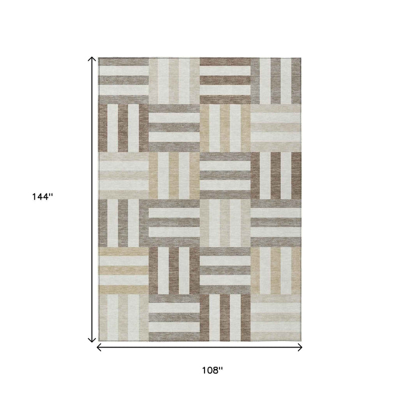 9' X 12' Ivory Gray And Brown Geometric Washable Indoor Outdoor Area Rug