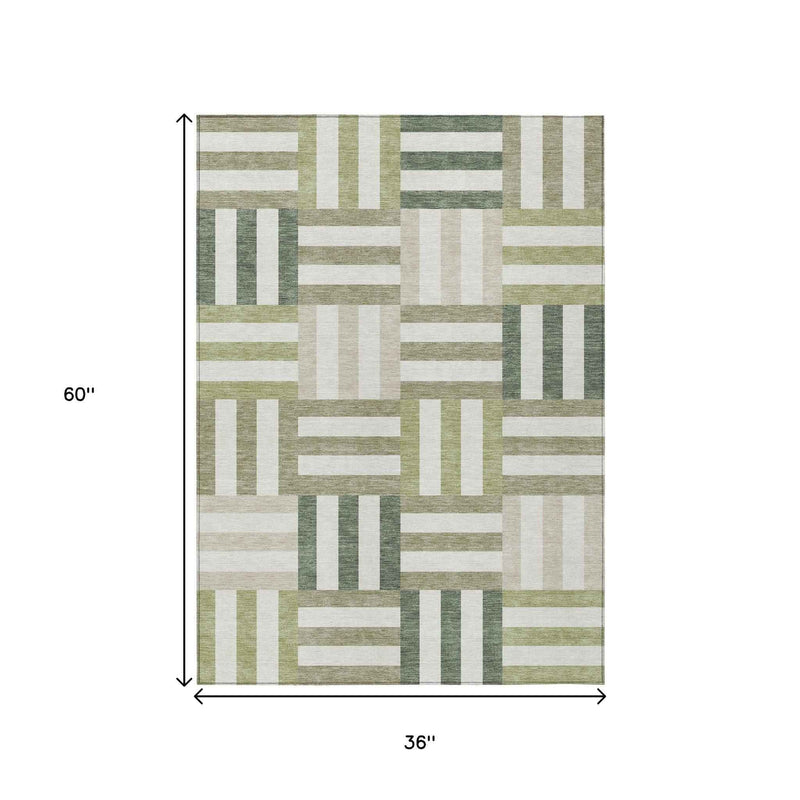 3' X 5' Sage Ivory And Taupe Geometric Washable Indoor Outdoor Area Rug