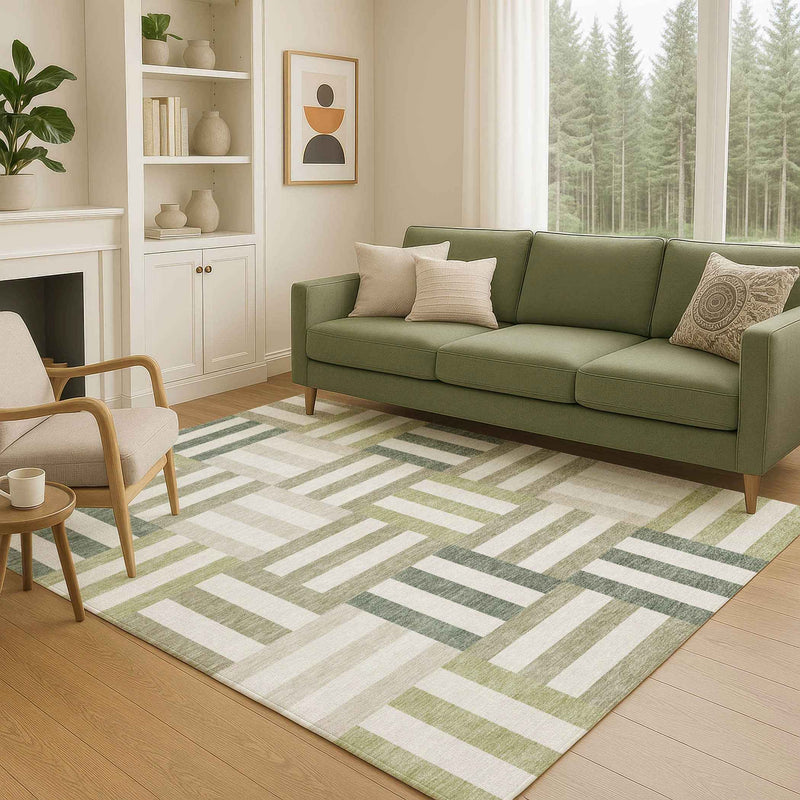 3' X 5' Sage Ivory And Taupe Geometric Washable Indoor Outdoor Area Rug
