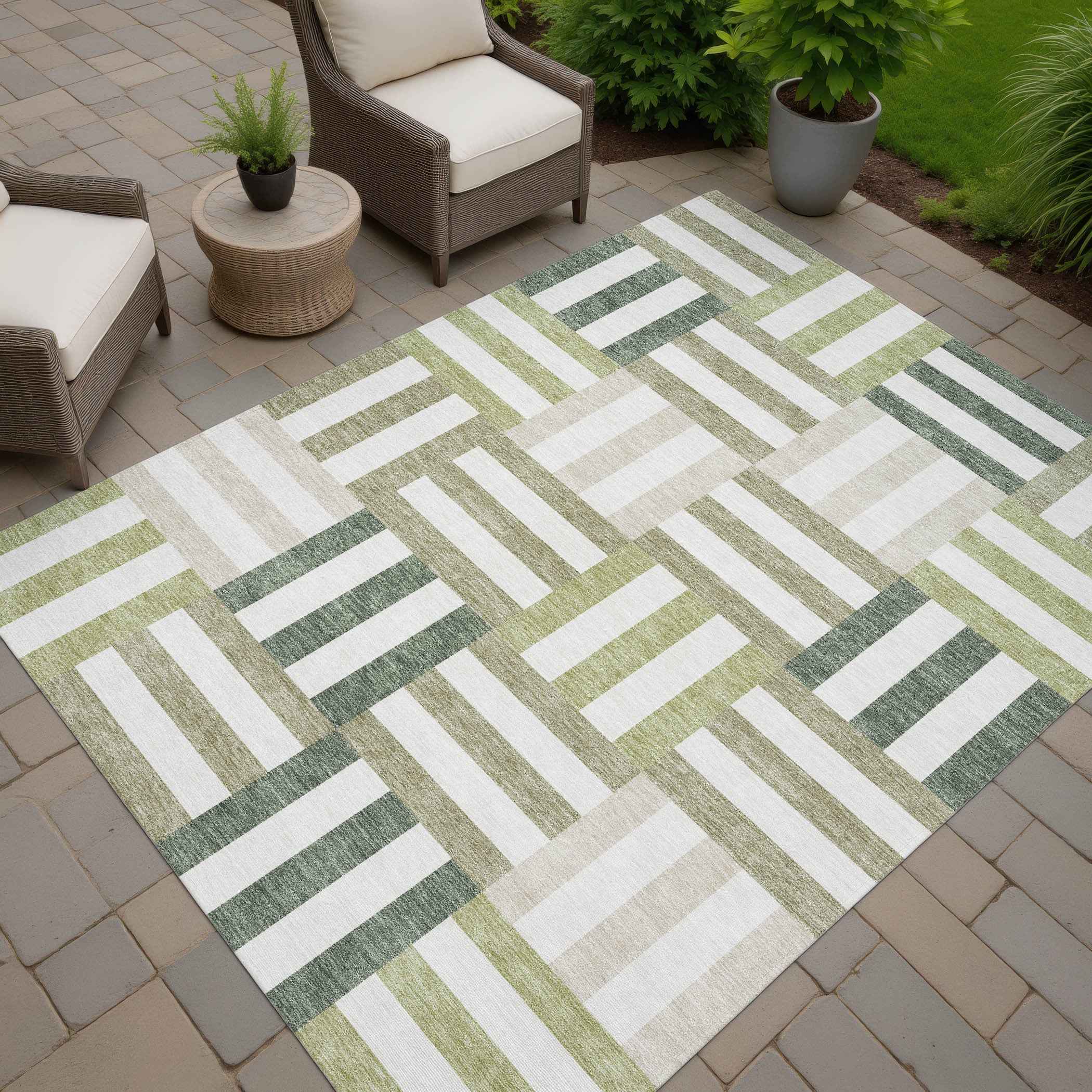 3' X 5' Sage Ivory And Taupe Geometric Washable Indoor Outdoor Area Rug