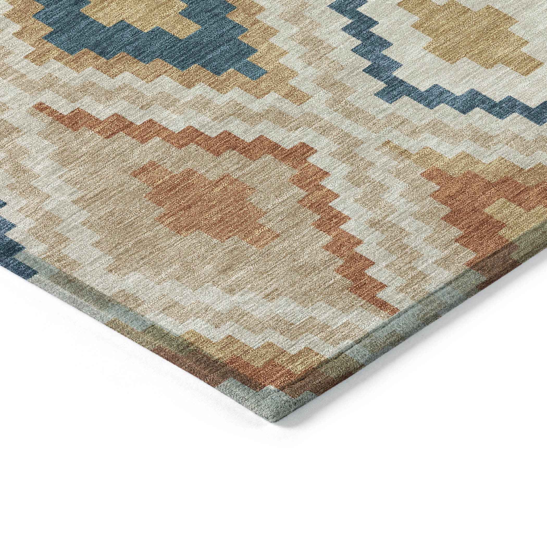8' X 10' Beige Blue And Terra Cotta Geometric Washable Indoor Outdoor Area Rug