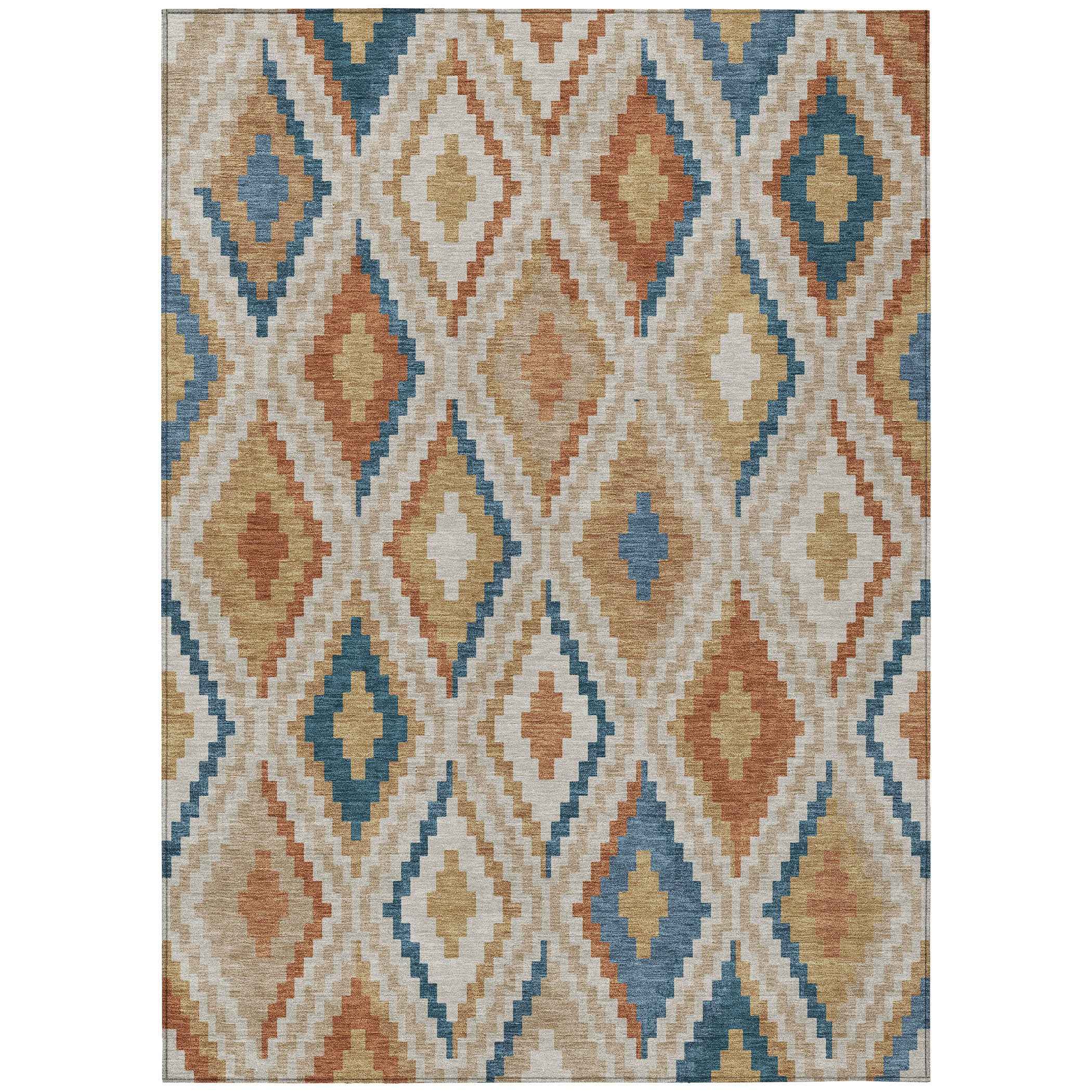 8' X 10' Beige Blue And Terra Cotta Geometric Washable Indoor Outdoor Area Rug