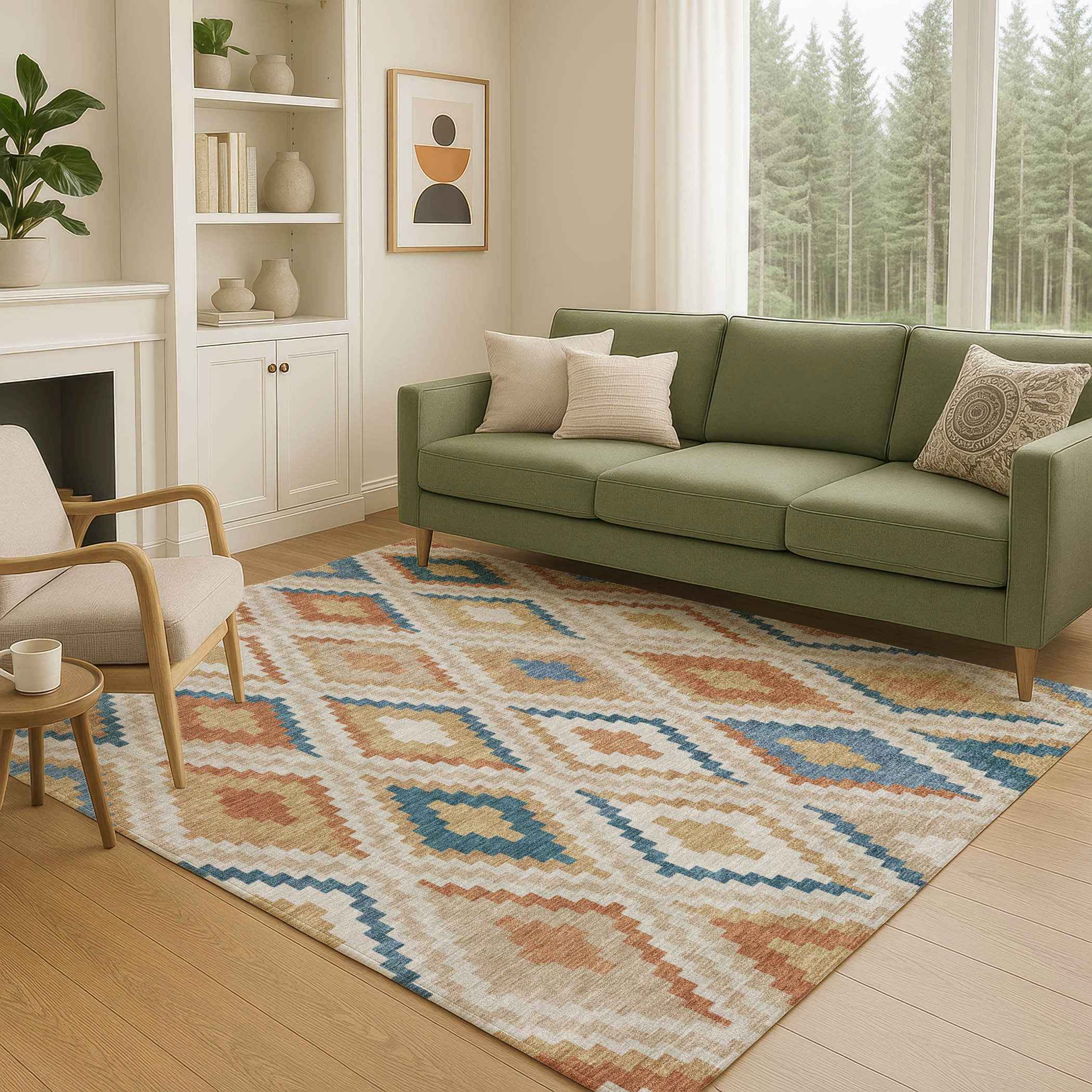 8' X 10' Beige Blue And Terra Cotta Geometric Washable Indoor Outdoor Area Rug