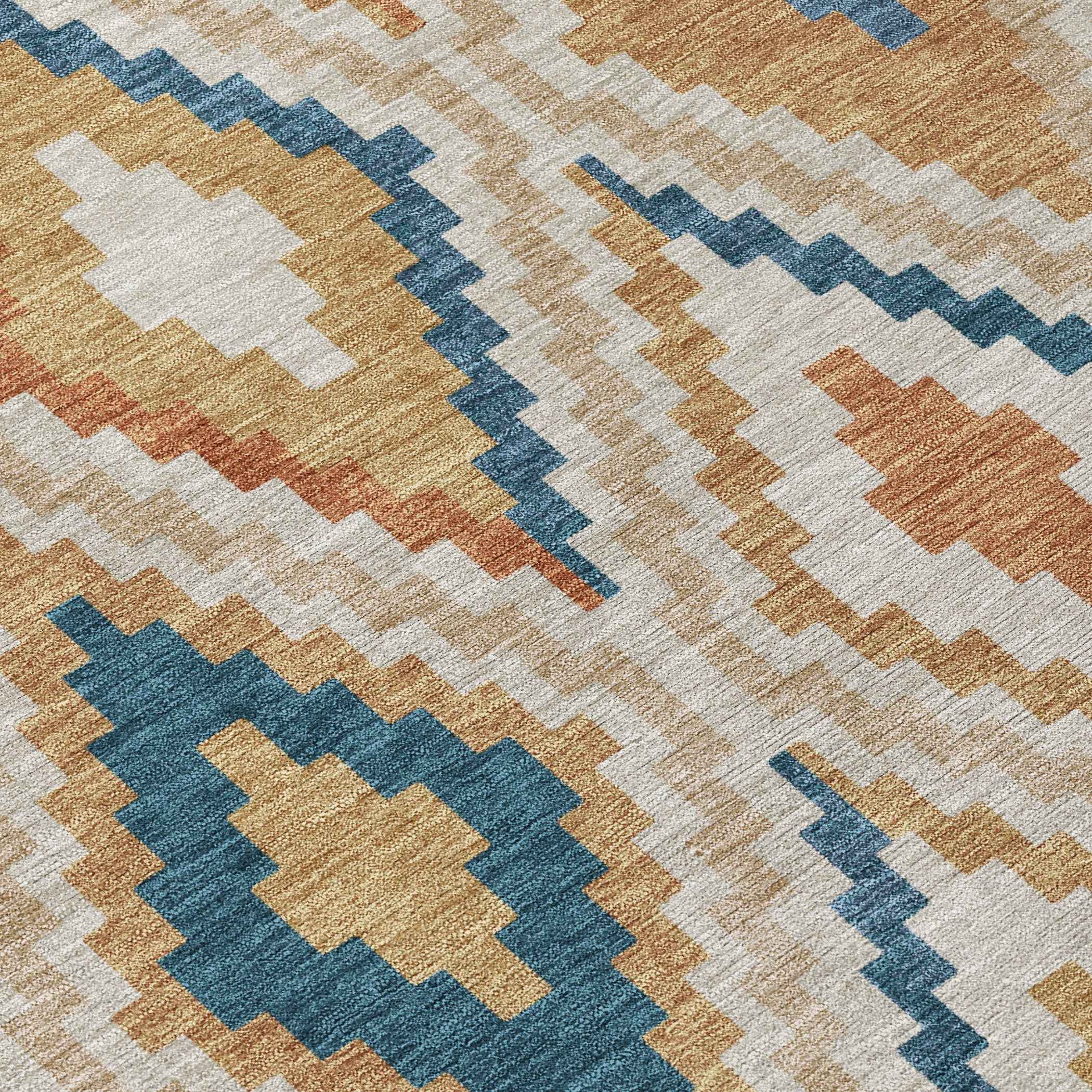 8' X 10' Beige Blue And Terra Cotta Geometric Washable Indoor Outdoor Area Rug