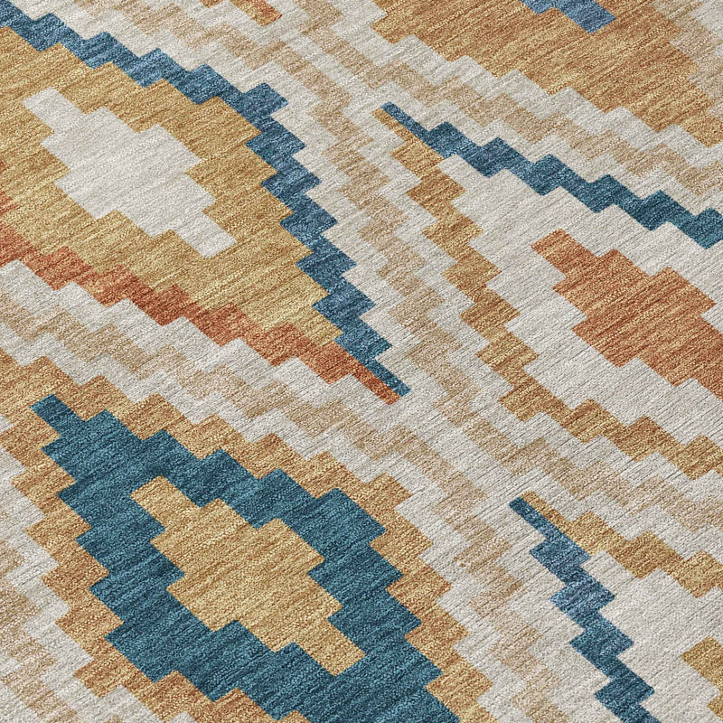 8' X 10' Beige Blue And Terra Cotta Geometric Washable Indoor Outdoor Area Rug