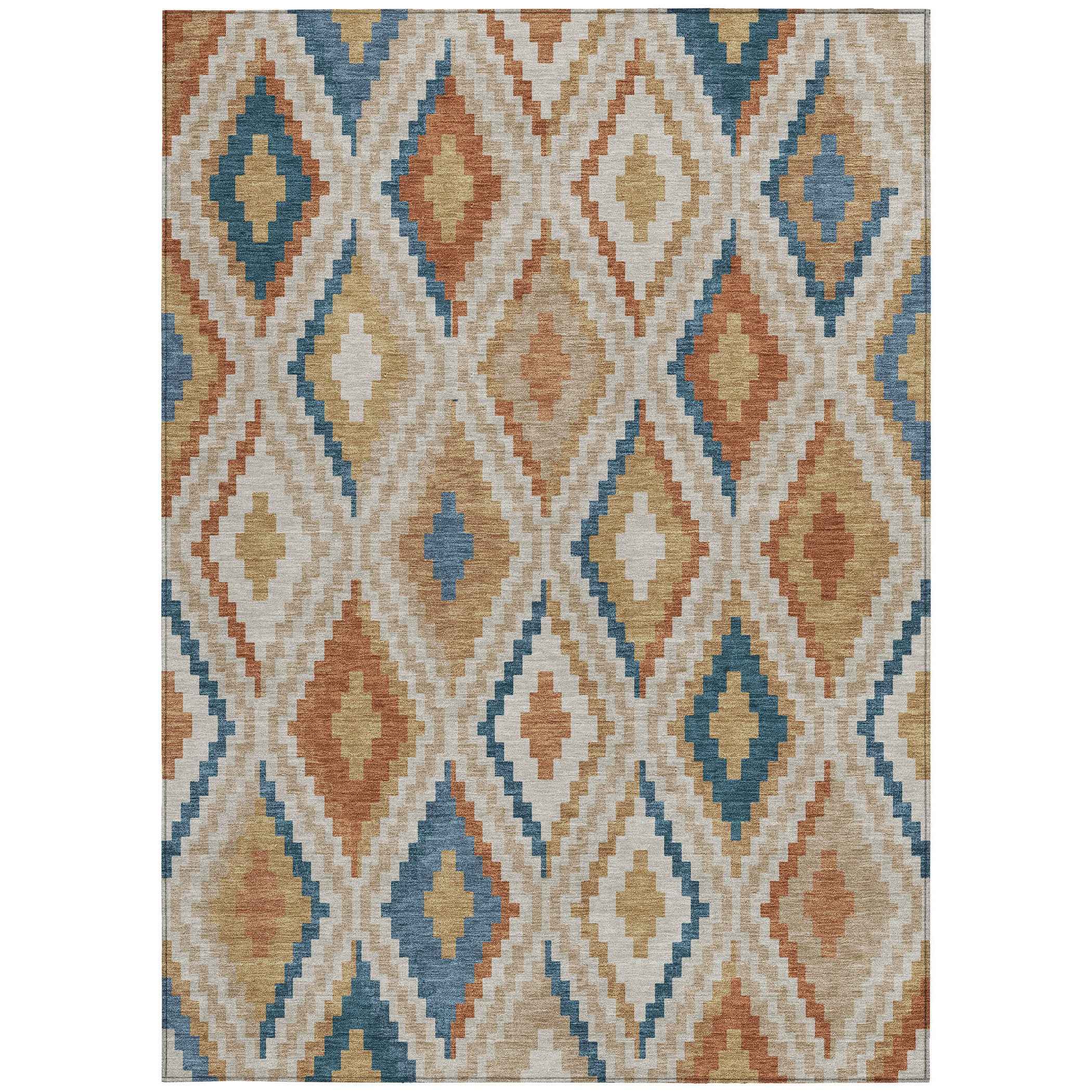 8' X 10' Beige Blue And Terra Cotta Geometric Washable Indoor Outdoor Area Rug