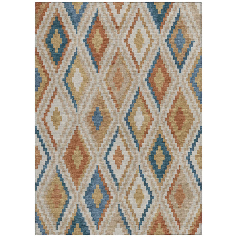 8' X 10' Beige Blue And Terra Cotta Geometric Washable Indoor Outdoor Area Rug