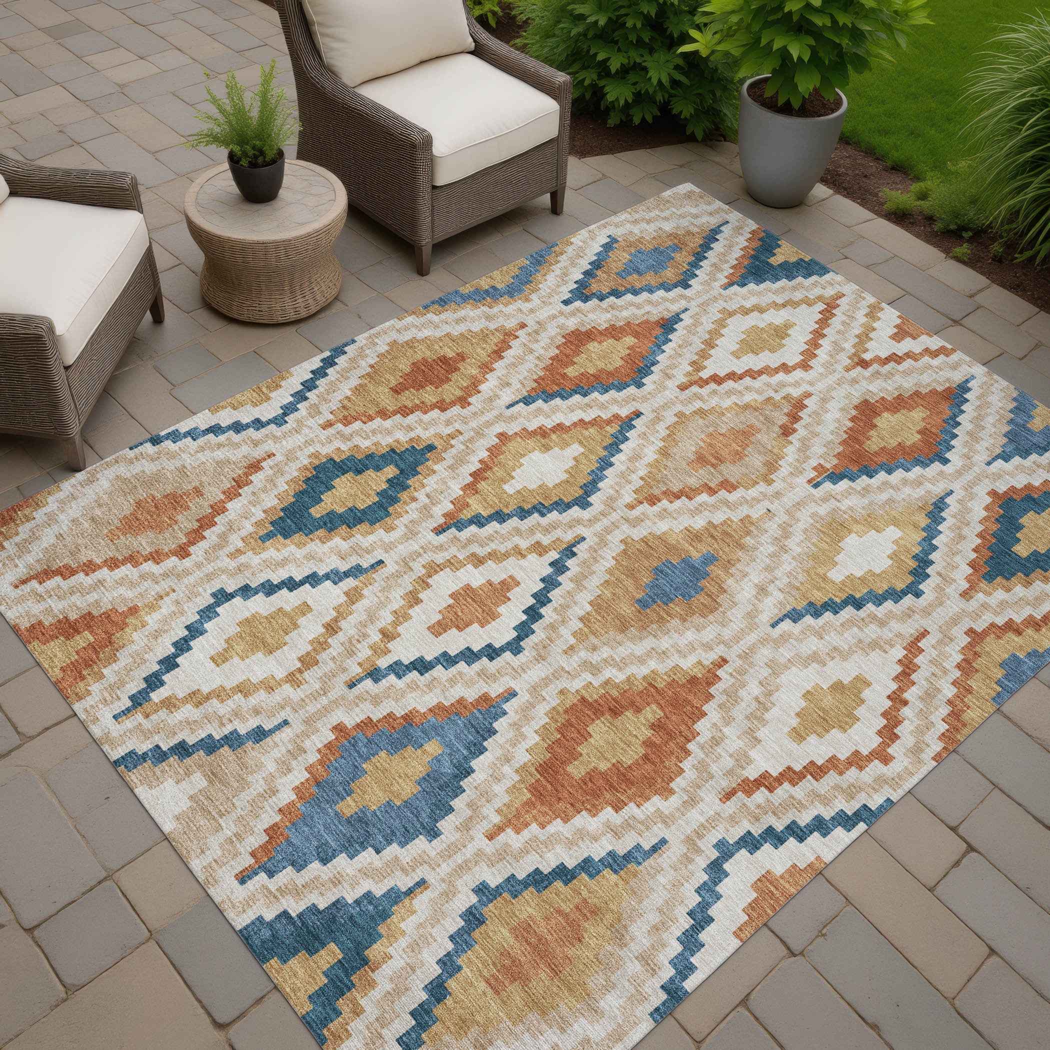 8' X 10' Beige Blue And Terra Cotta Geometric Washable Indoor Outdoor Area Rug