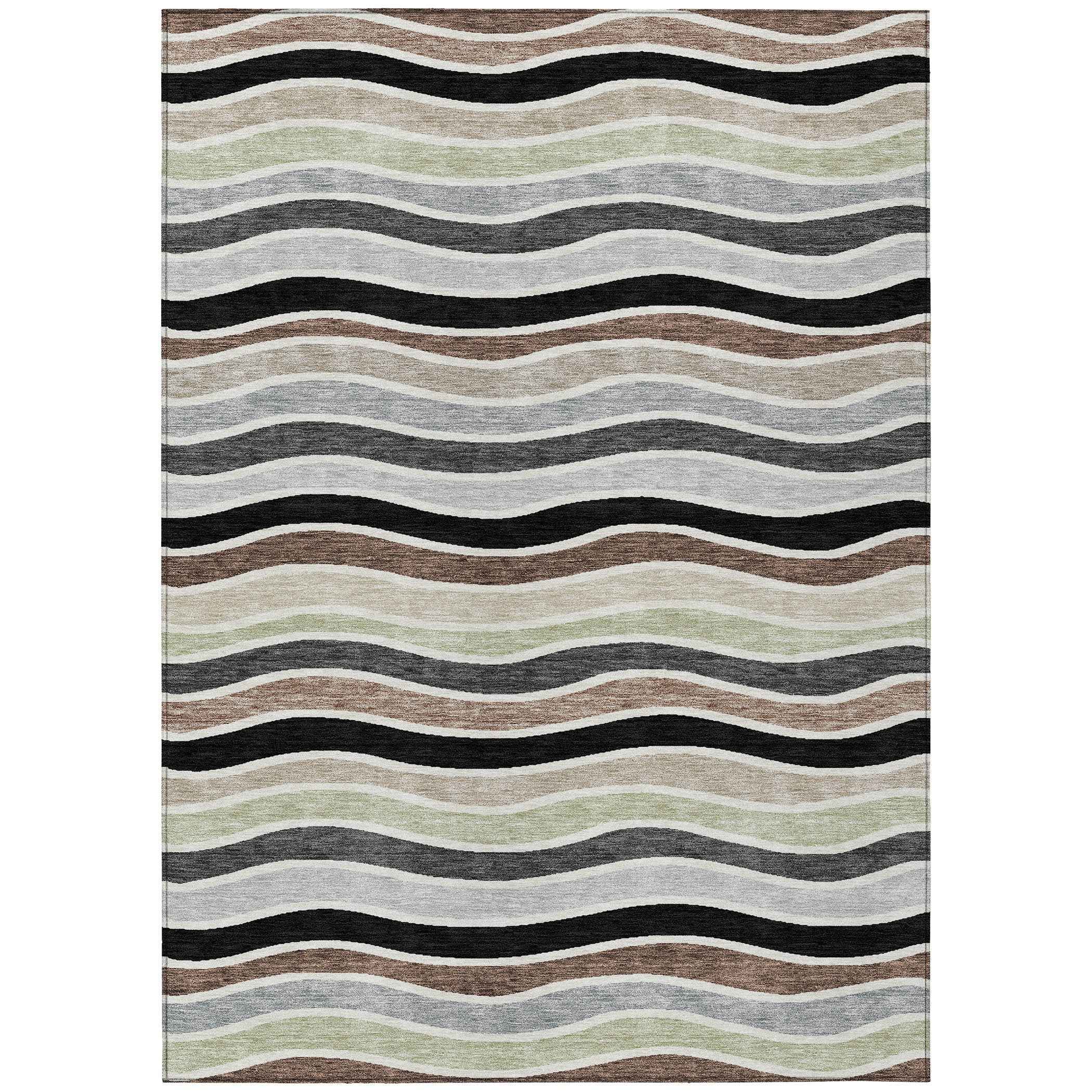 3' X 5' Black Pewter And Ivory Striped Washable Indoor Outdoor Area Rug
