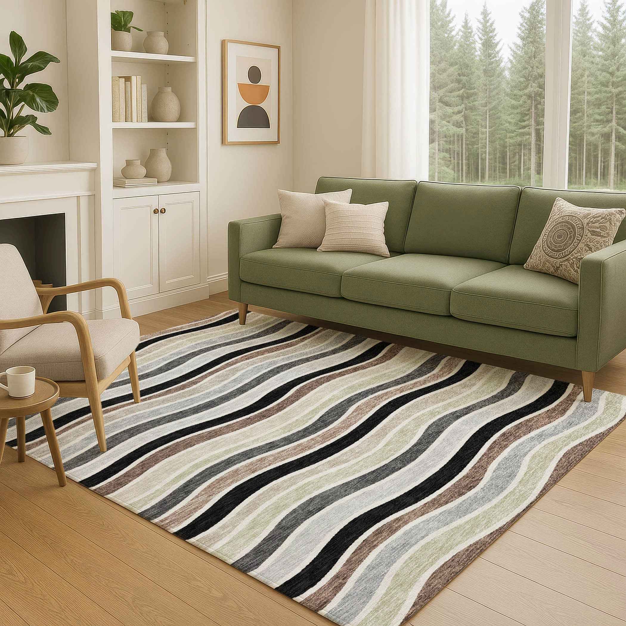3' X 5' Black Pewter And Ivory Striped Washable Indoor Outdoor Area Rug