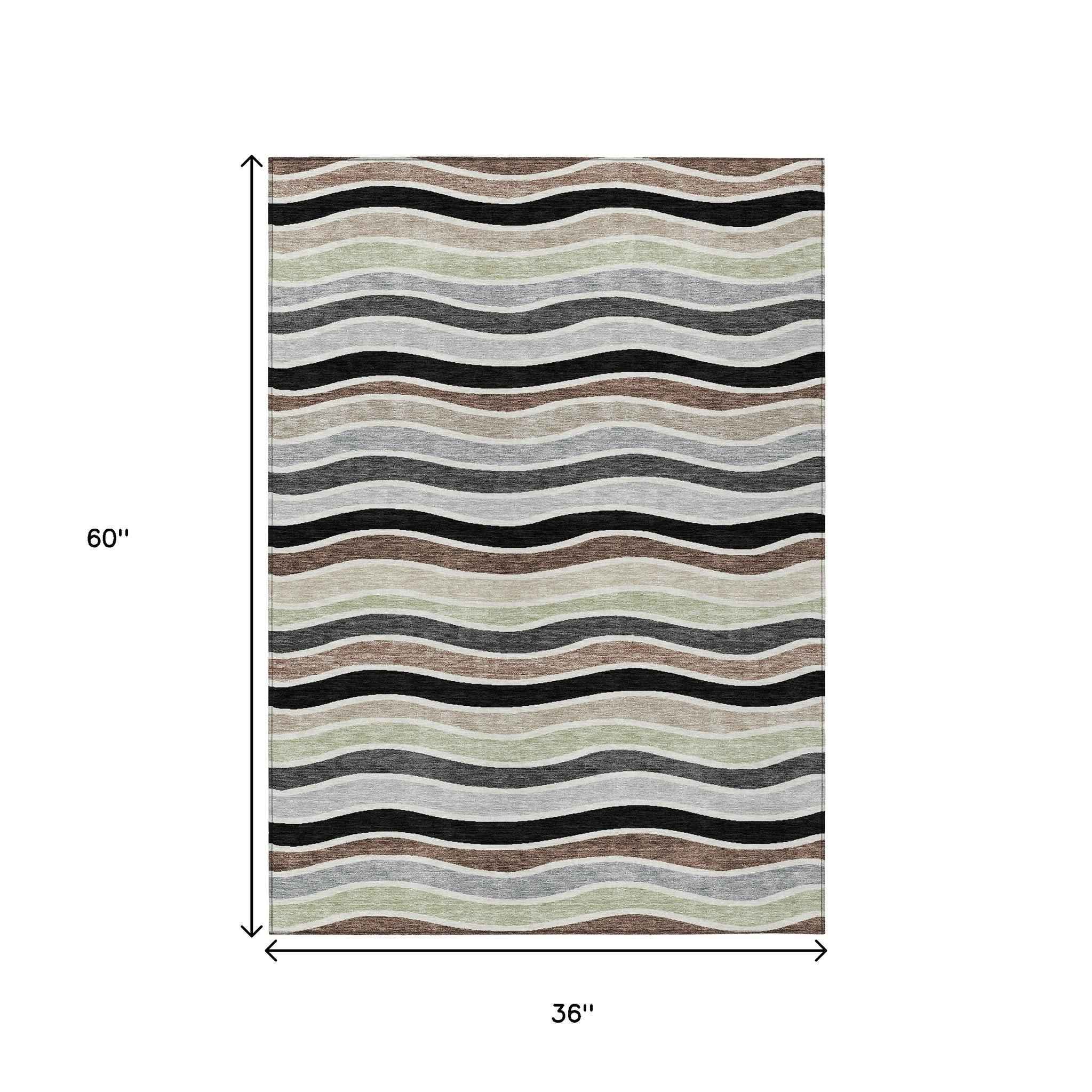 3' X 5' Black Pewter And Ivory Striped Washable Indoor Outdoor Area Rug