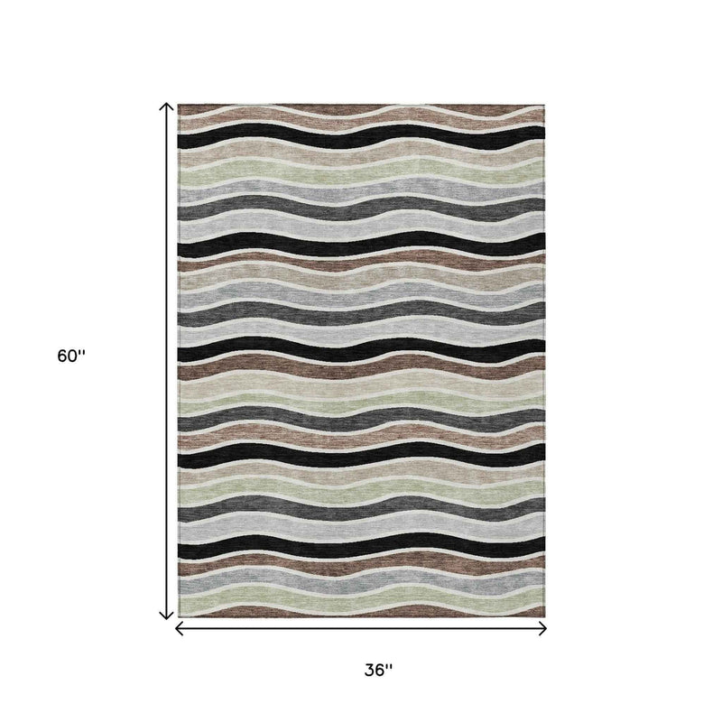 3' X 5' Black Pewter And Ivory Striped Washable Indoor Outdoor Area Rug