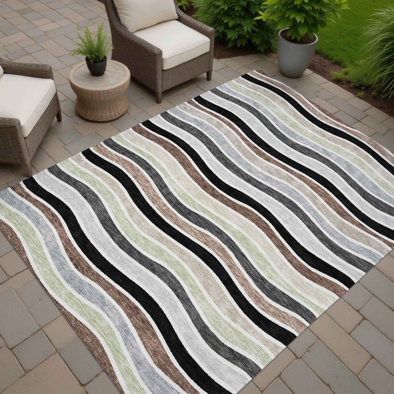 3' X 5' Black Pewter And Ivory Striped Washable Indoor Outdoor Area Rug