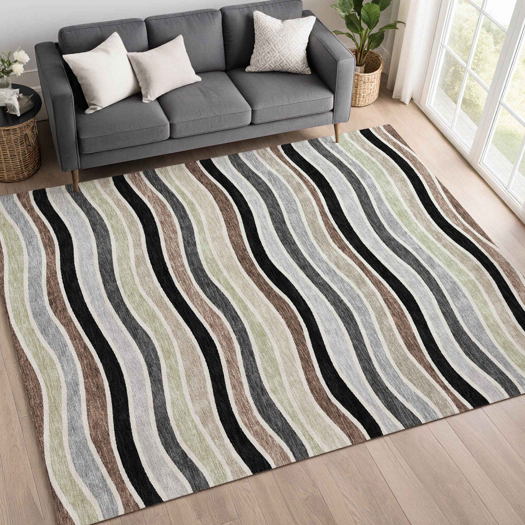 3' X 5' Black Pewter And Ivory Striped Washable Indoor Outdoor Area Rug