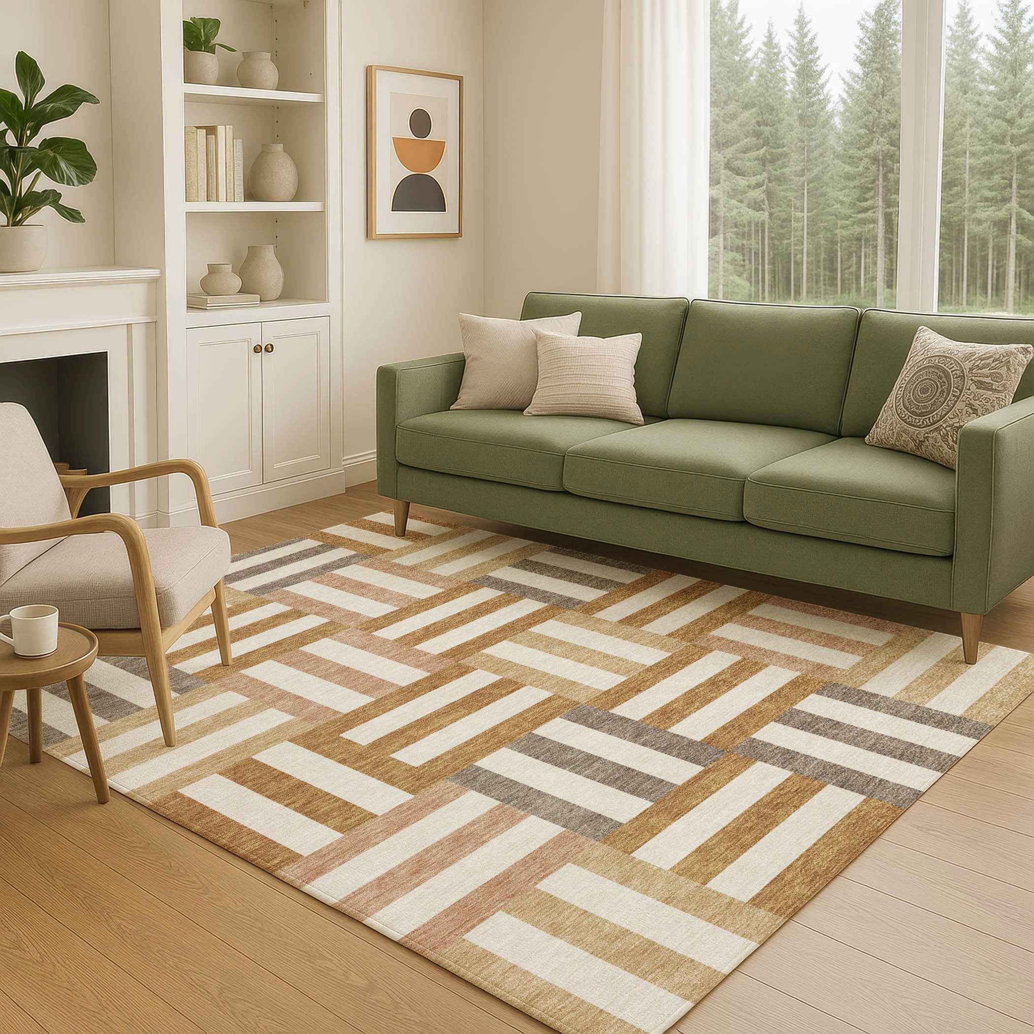 3' X 5' Chili Red Ivory And Copper Geometric Washable Indoor Outdoor Area Rug