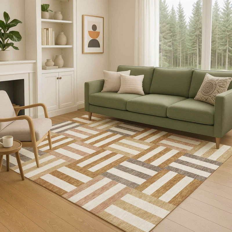 3' X 5' Chili Red Ivory And Copper Geometric Washable Indoor Outdoor Area Rug