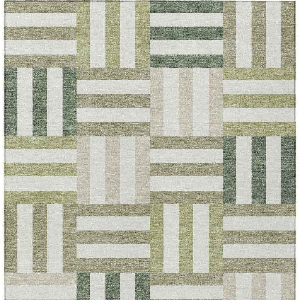 8' X 10' Sage Ivory And Taupe Geometric Washable Indoor Outdoor Area Rug