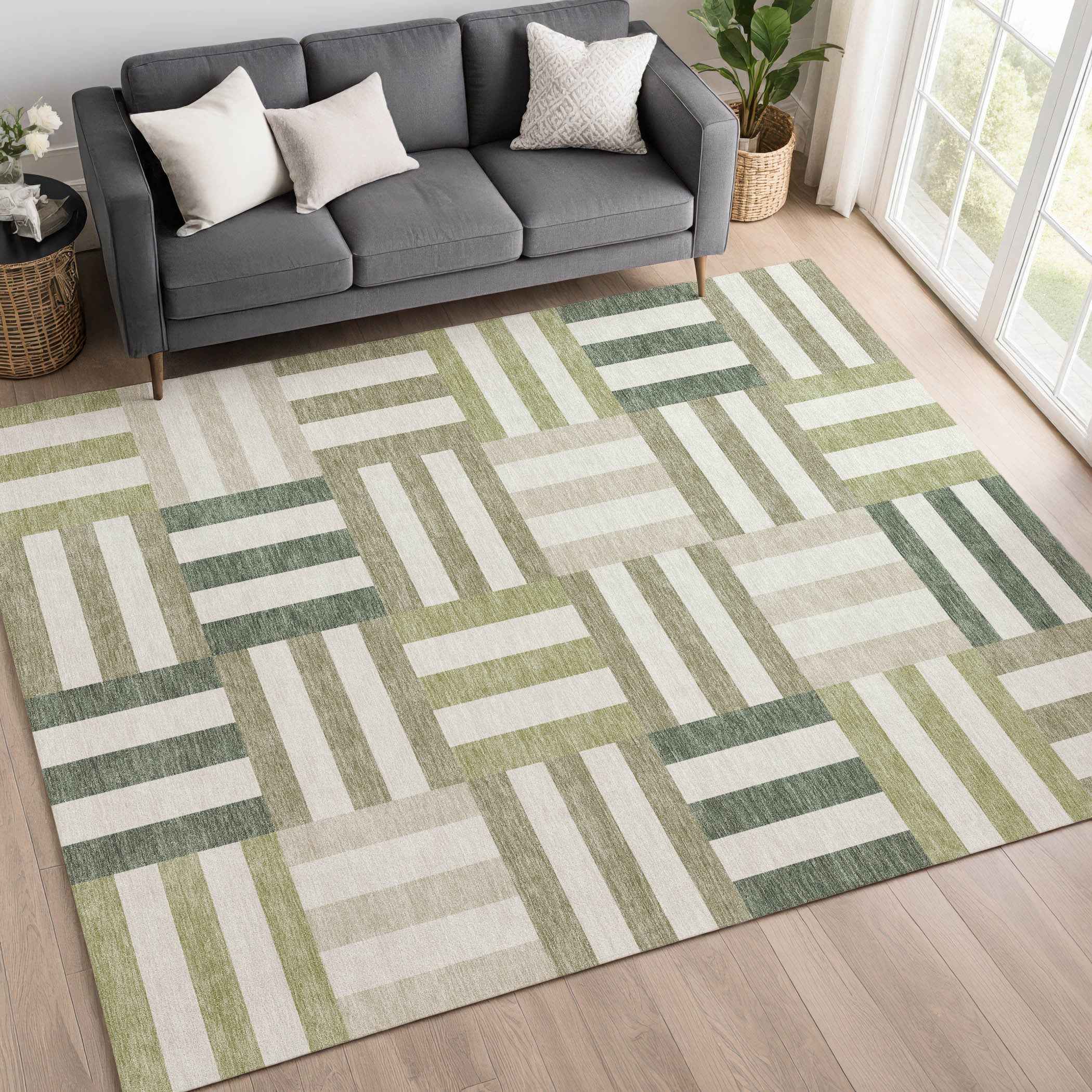 8' X 10' Sage Ivory And Taupe Geometric Washable Indoor Outdoor Area Rug