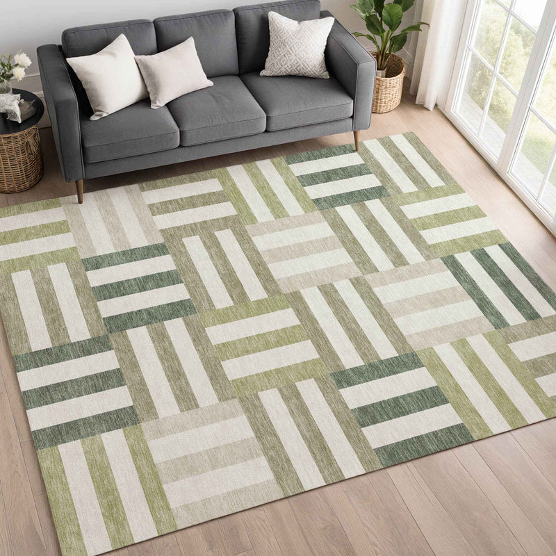 8' X 10' Sage Ivory And Taupe Geometric Washable Indoor Outdoor Area Rug