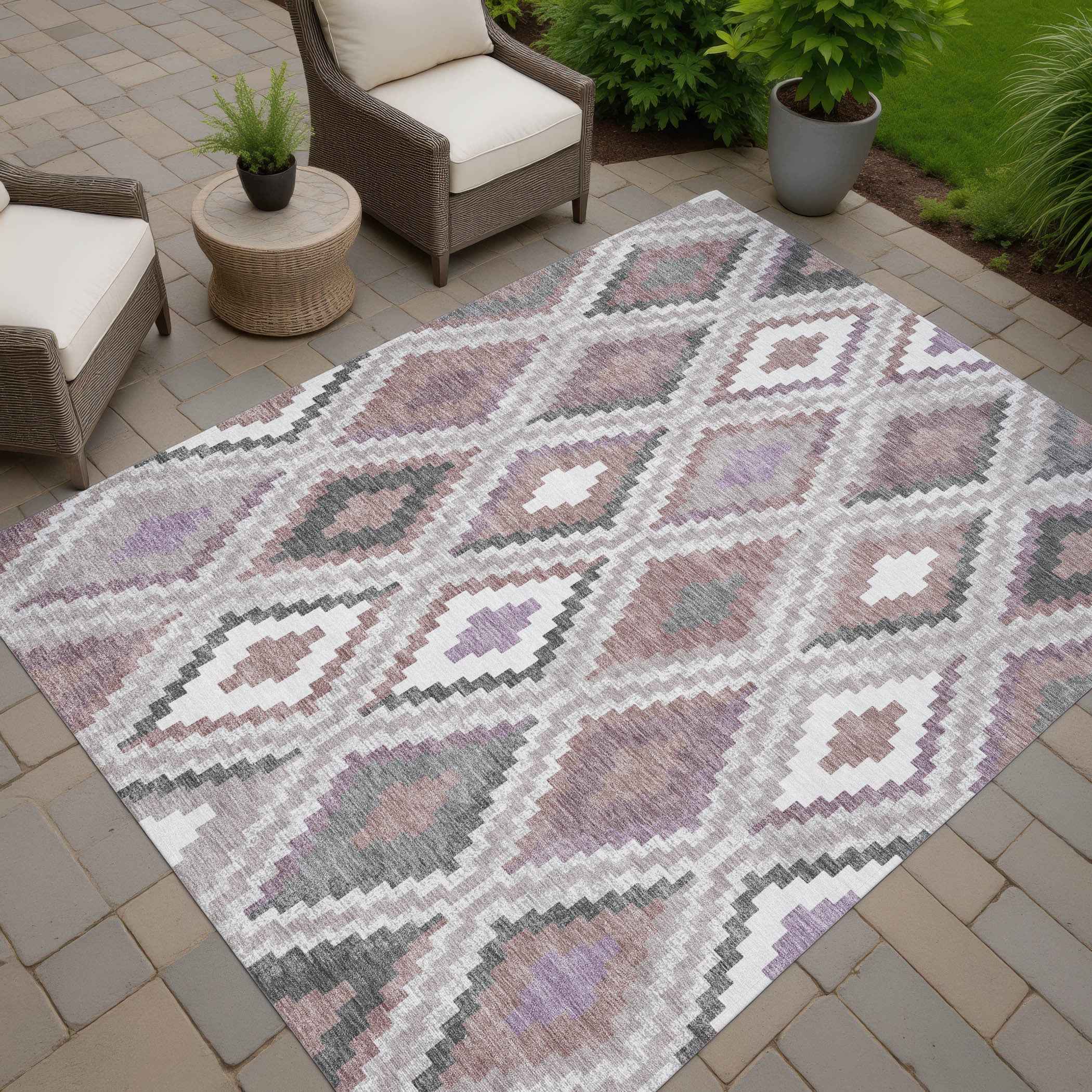 3' X 5' Blush Ivory And Gray Geometric Washable Indoor Outdoor Area Rug