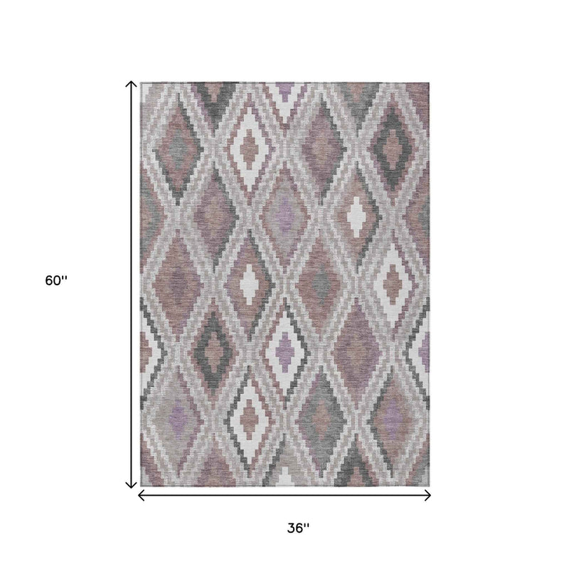 3' X 5' Blush Ivory And Gray Geometric Washable Indoor Outdoor Area Rug