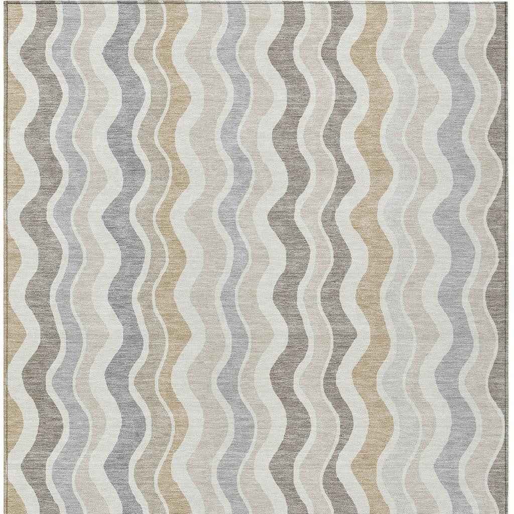 9' X 12' Ivory Khaki And Beige Striped Washable Indoor Outdoor Area Rug