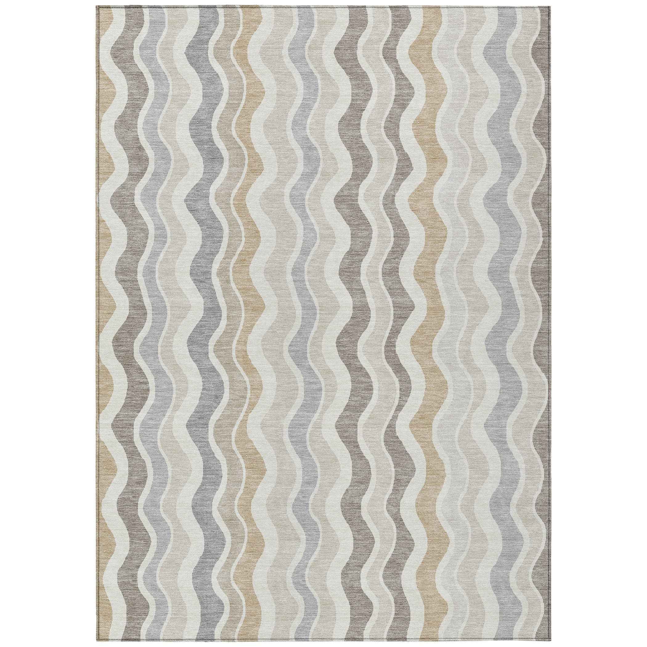 9' X 12' Ivory Khaki And Beige Striped Washable Indoor Outdoor Area Rug