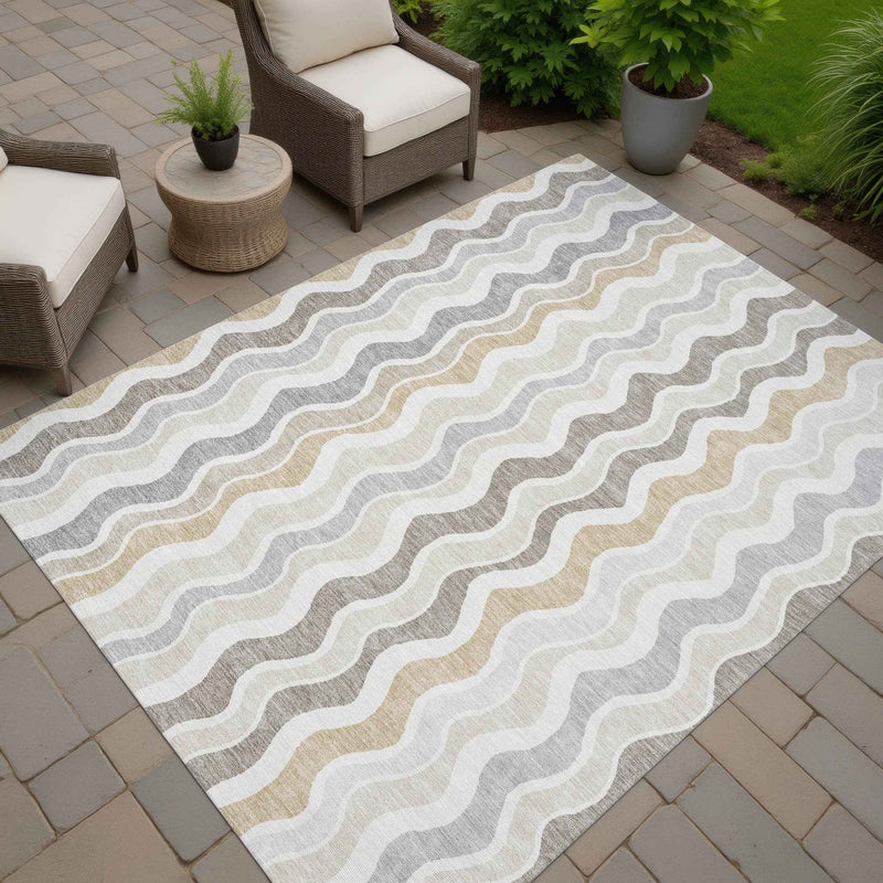9' X 12' Ivory Khaki And Beige Striped Washable Indoor Outdoor Area Rug