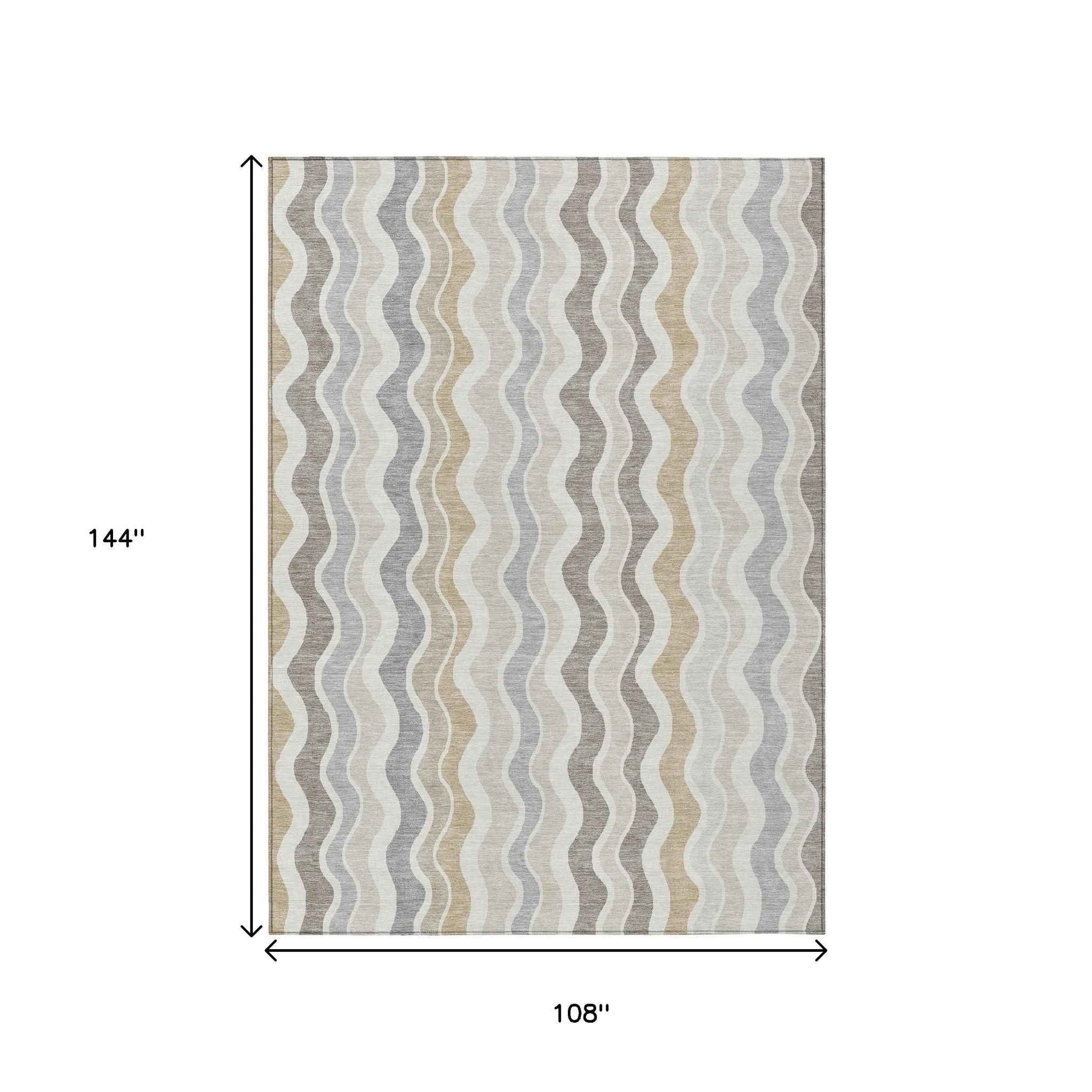 9' X 12' Ivory Khaki And Beige Striped Washable Indoor Outdoor Area Rug