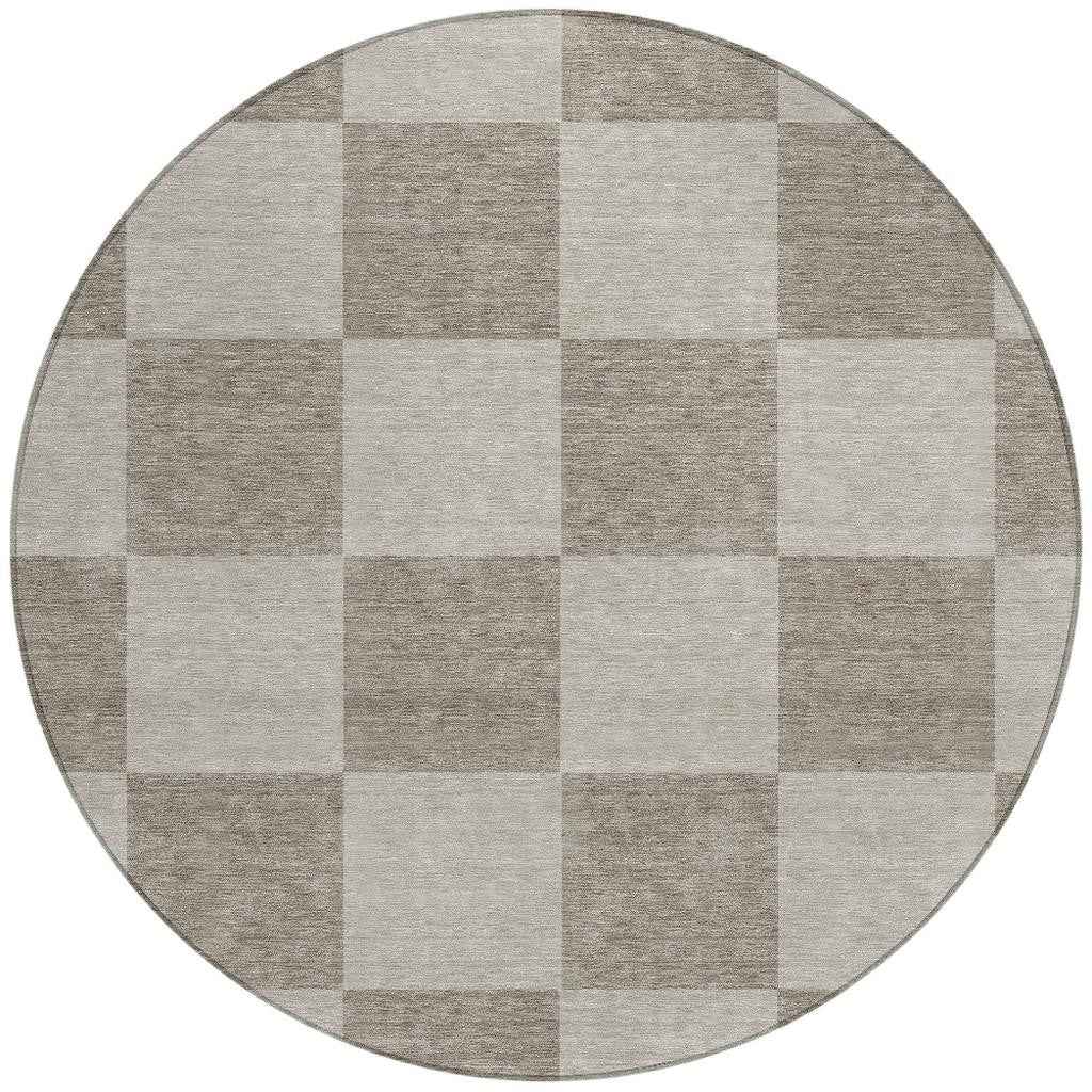 8' Khaki And Taupe Round Geometric Washable Indoor Outdoor Area Rug
