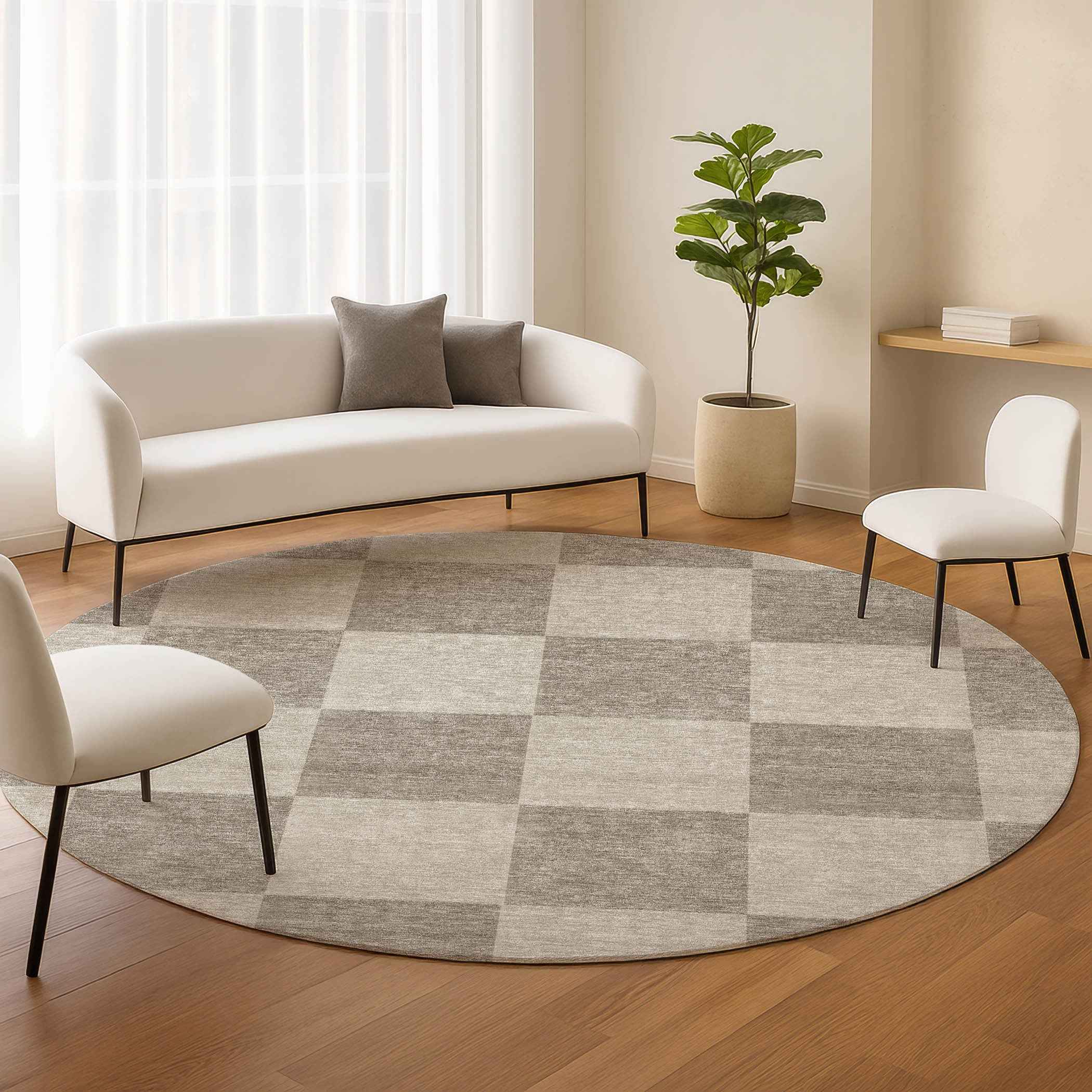 8' Khaki And Taupe Round Geometric Washable Indoor Outdoor Area Rug
